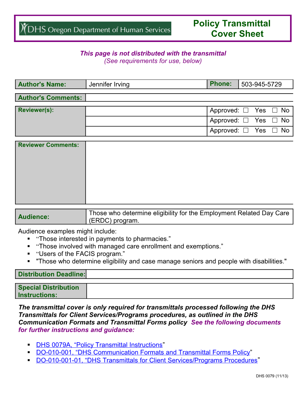 Transmittal Cover Page