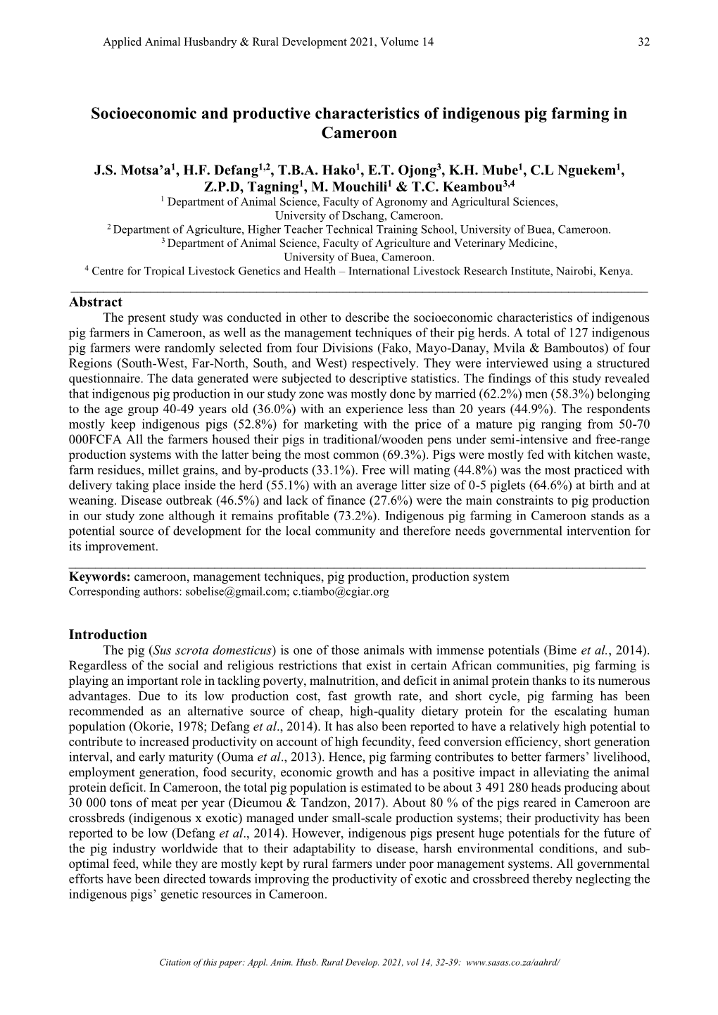 Socioeconomic and Productive Characteristics of Indigenous Pig Farming in Cameroon