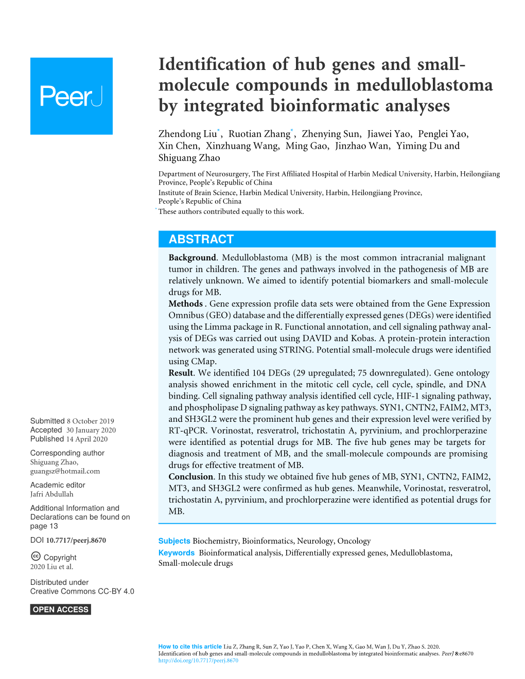 Identification of Hub Genes and Small-Molecule Compounds in Medulloblastoma by Integrated Bioinformatic Analyses