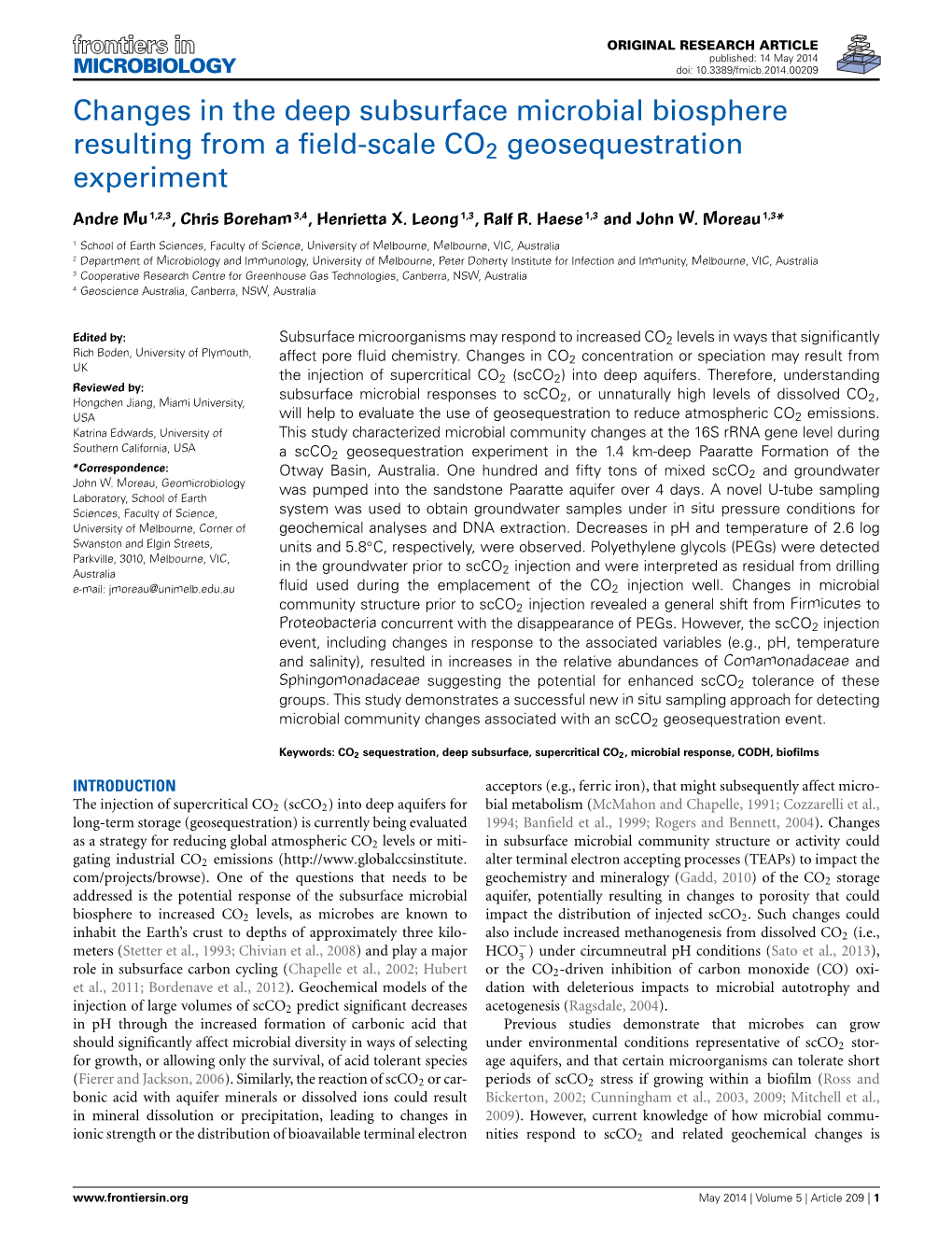 Changes in the Deep Subsurface Microbial Biosphere Resulting from a ﬁeld-Scale CO2 Geosequestration Experiment