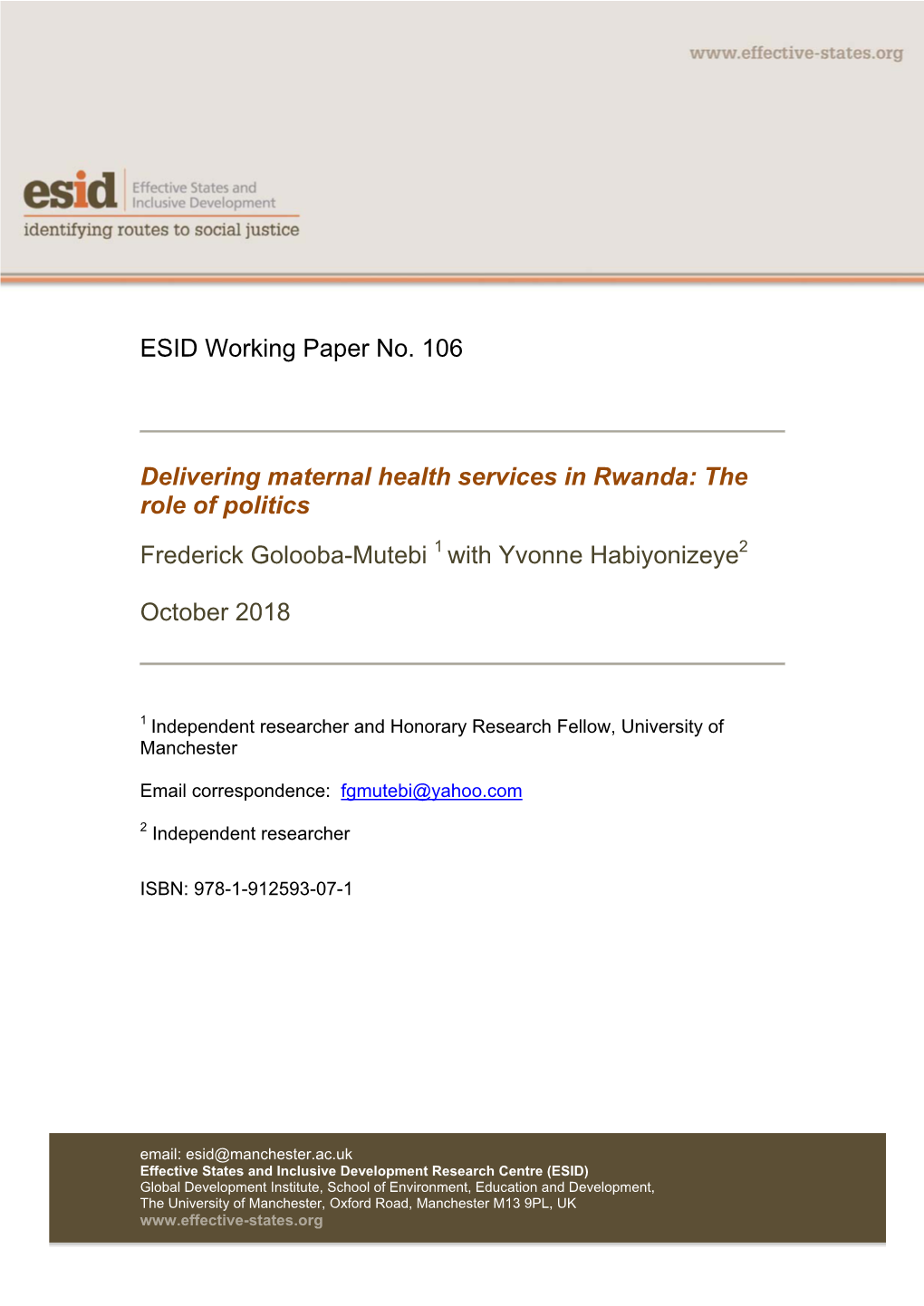 ESID Working Paper No. 106 Delivering Maternal Health Services