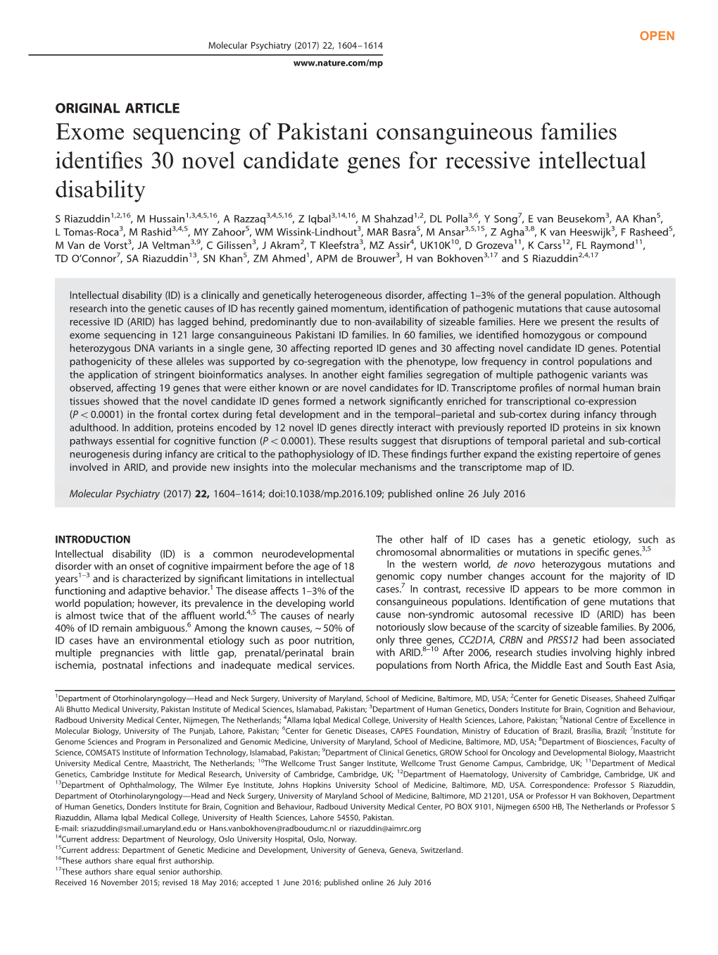 Exome Sequencing of Pakistani Consanguineous Families Identifies