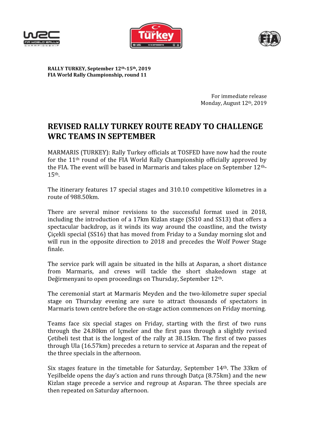 Revised Rally Turkey Route Ready to Challenge Wrc Teams in September