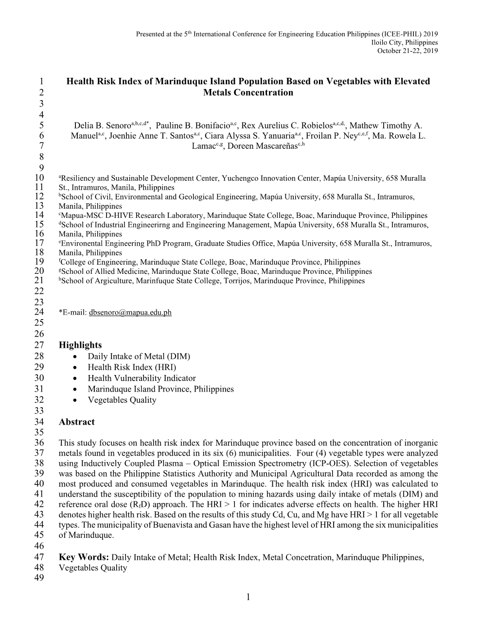 1 Health Risk Index of Marinduque Island Population Based on Vegetables with Elevated 2 Metals Concentration 3 4 5 Delia B