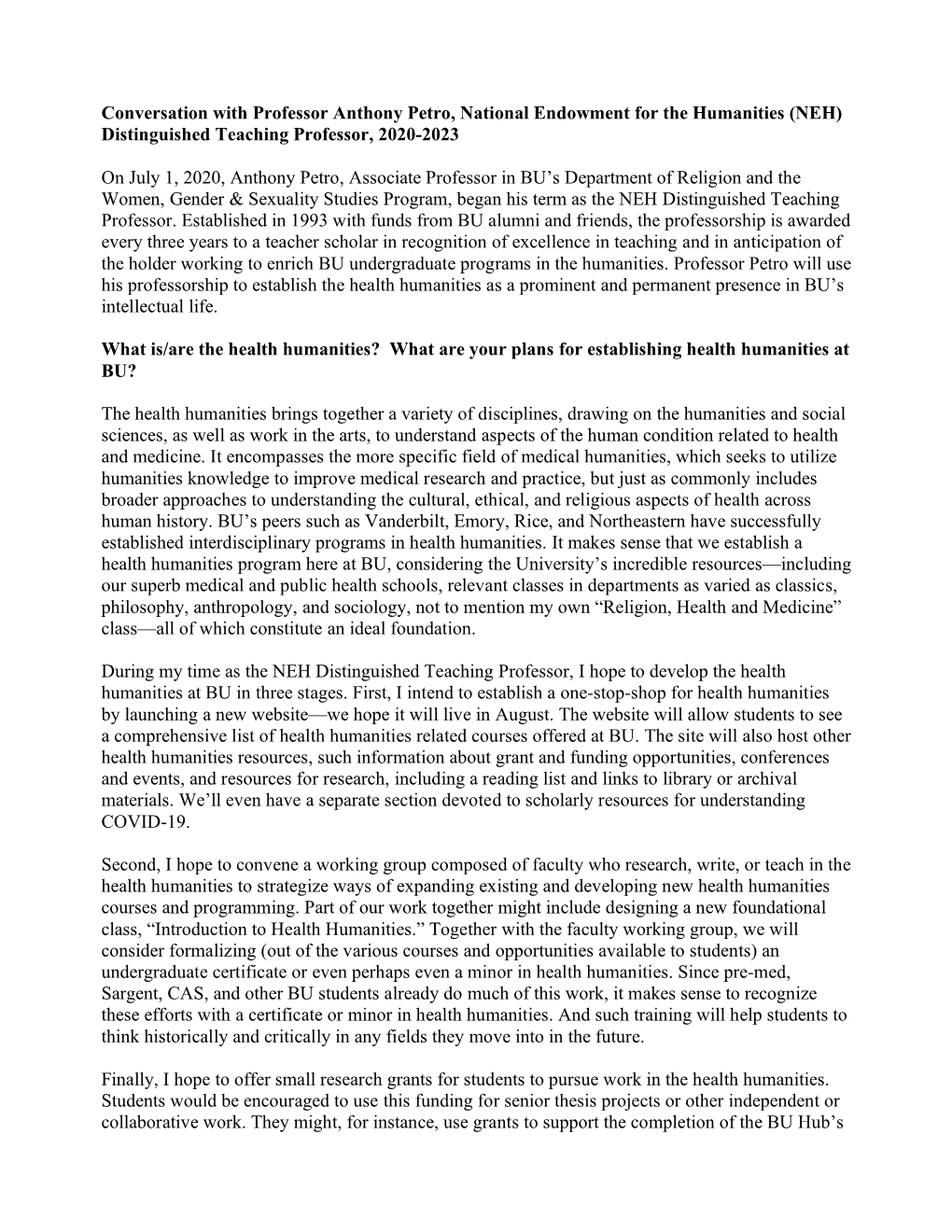 Conversation with Professor Anthony Petro, National Endowment for the Humanities (NEH) Distinguished Teaching Professor, 2020-2023