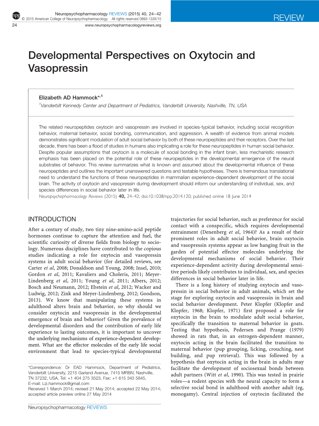 Developmental Perspectives on Oxytocin and Vasopressin