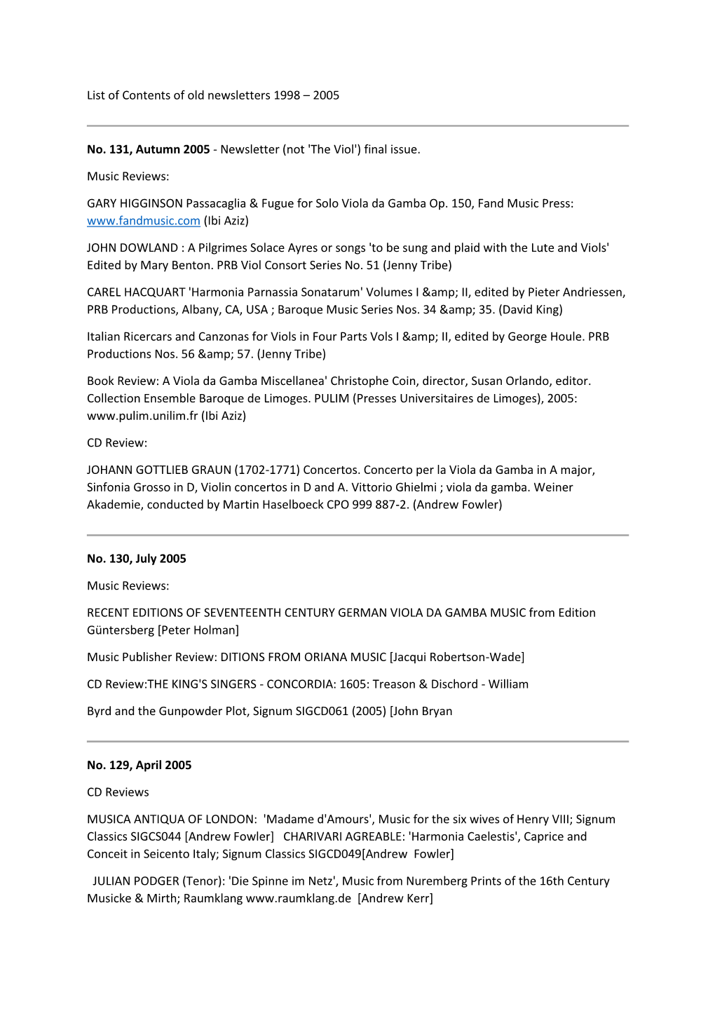List of Contents of Old Newsletters 1998 – 2005
