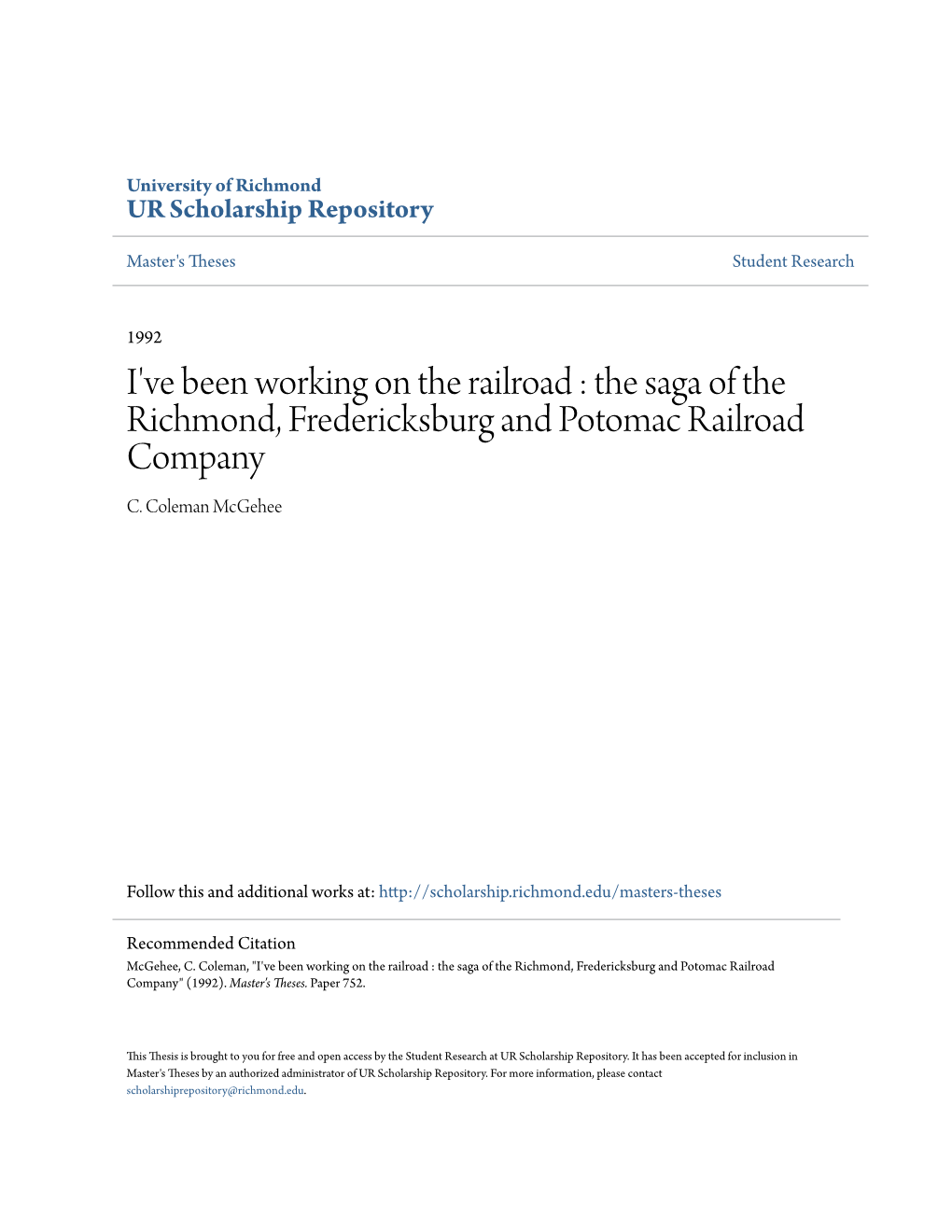 The Saga of the Richmond, Fredericksburg and Potomac Railroad Company C