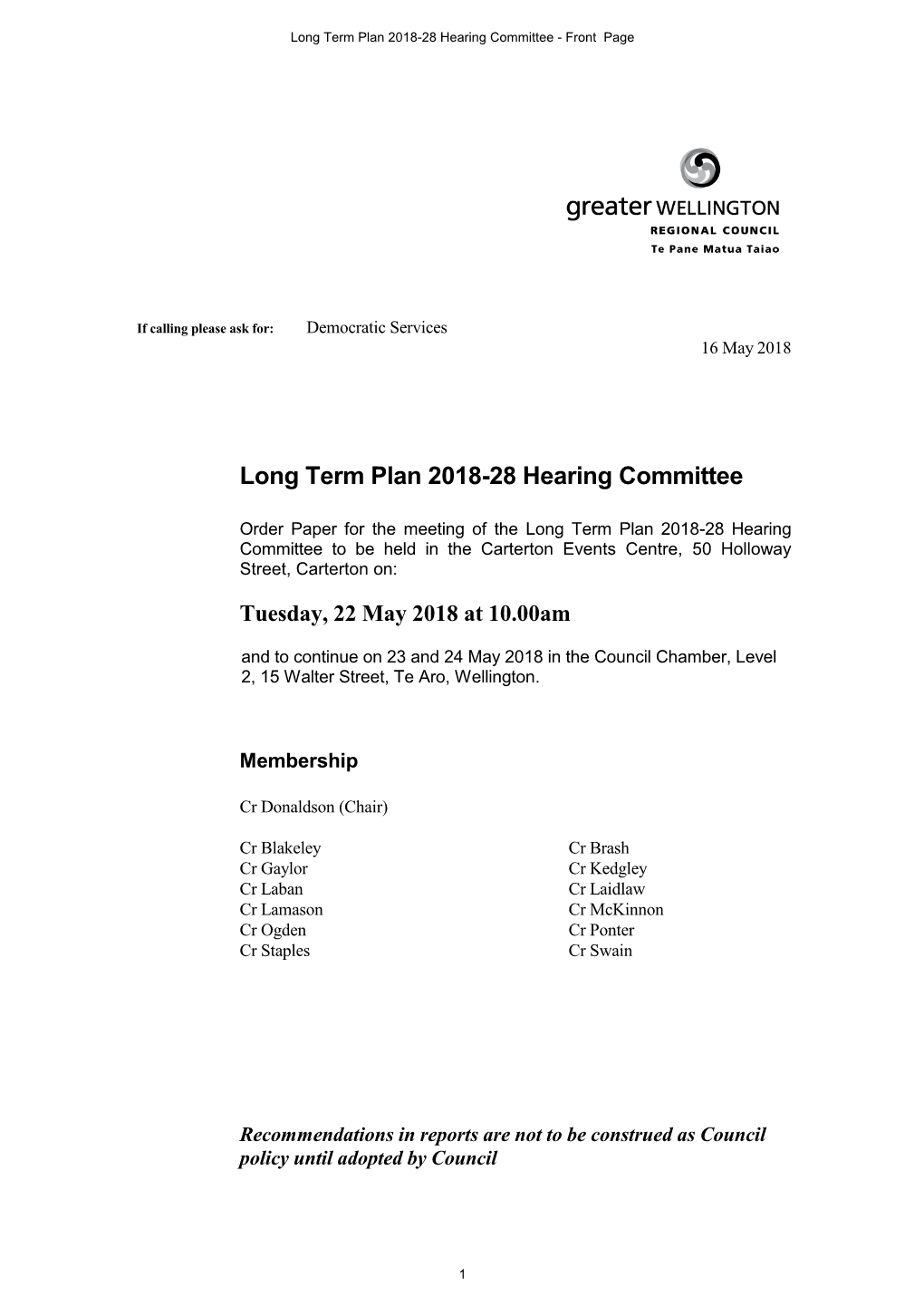 Long Term Plan 2018-28 Hearing Committee - Front Page