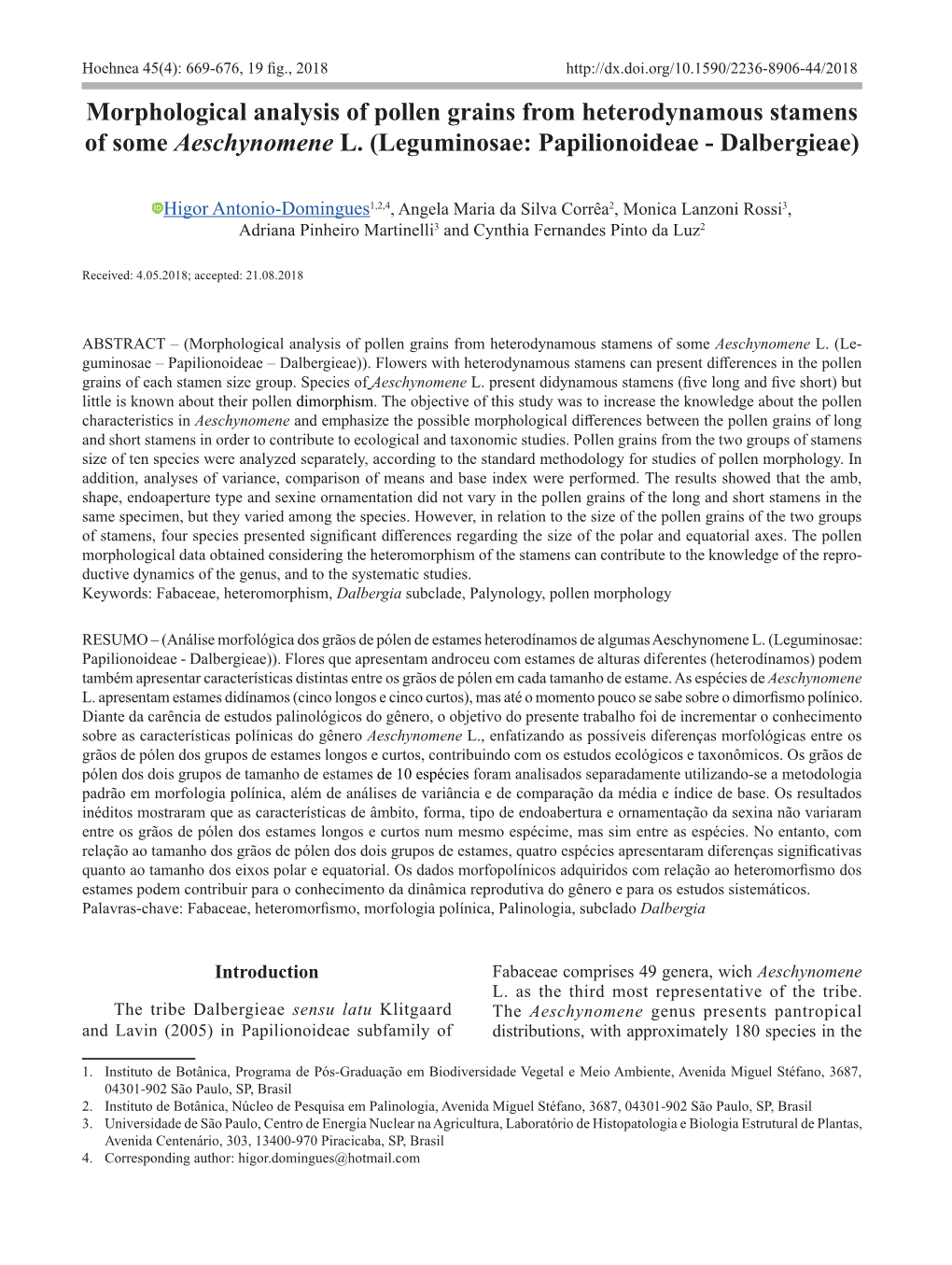 Morphological Analysis of Pollen Grains from Heterodynamous Stamens of Some Aeschynomene L