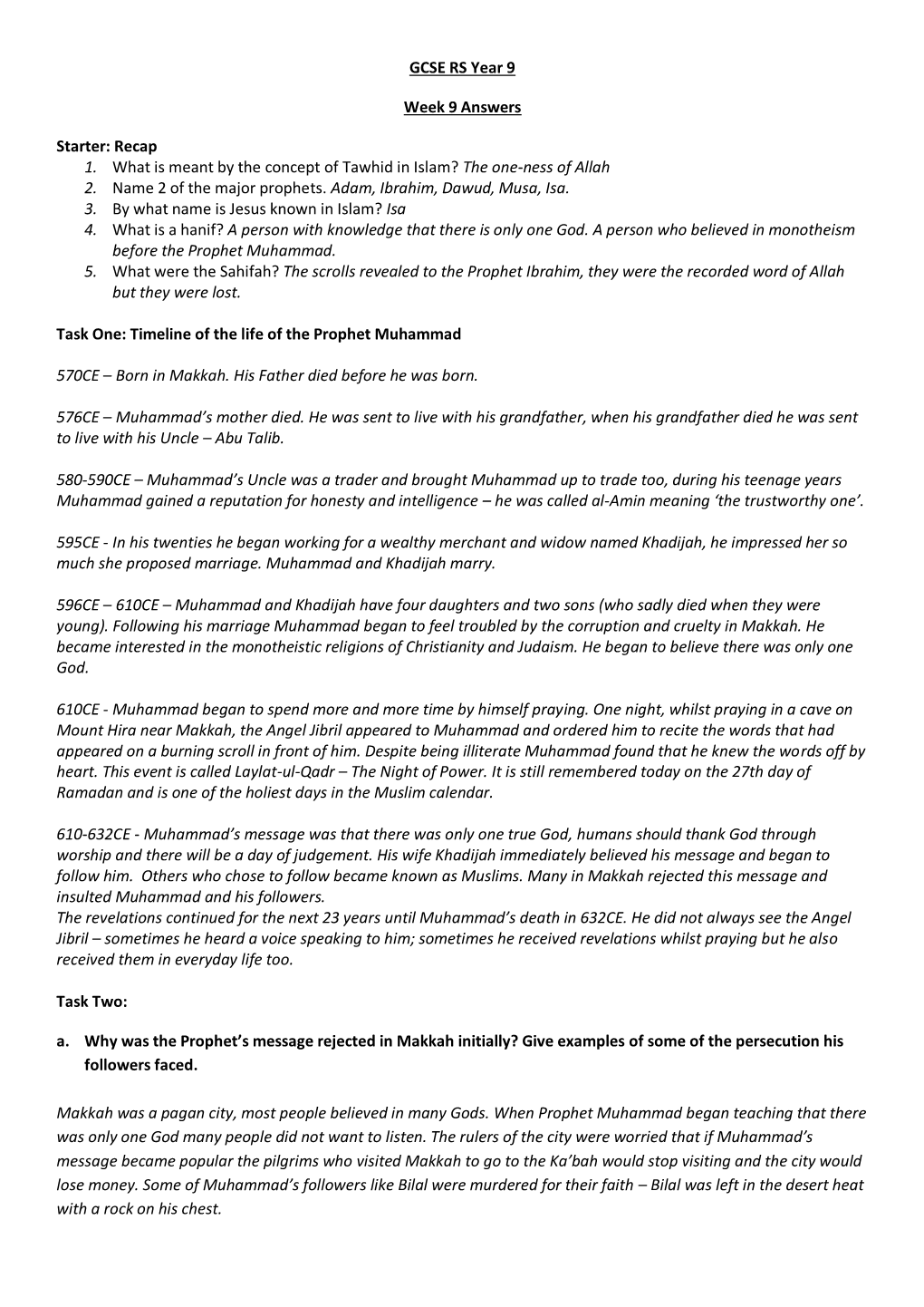 GCSE RS Year 9 Week 9 Answers Starter: Recap 1. What Is Meant by the Concept of Tawhid in Islam? the One-Ness of Allah 2. Name 2