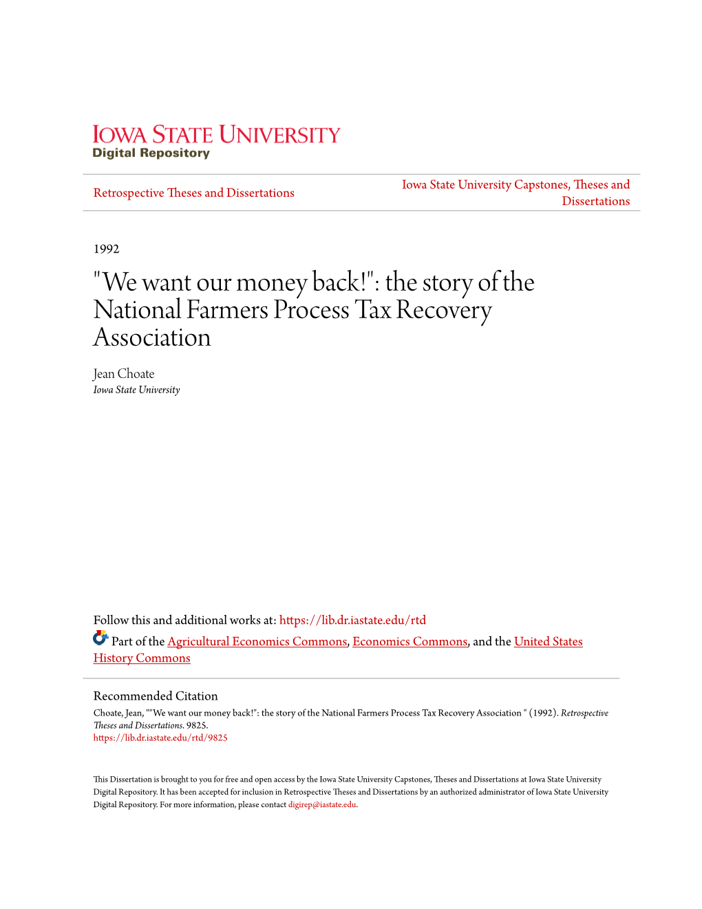 "We Want Our Money Back!": the Story of the National Farmers Process Tax Recovery Association Jean Choate Iowa State University