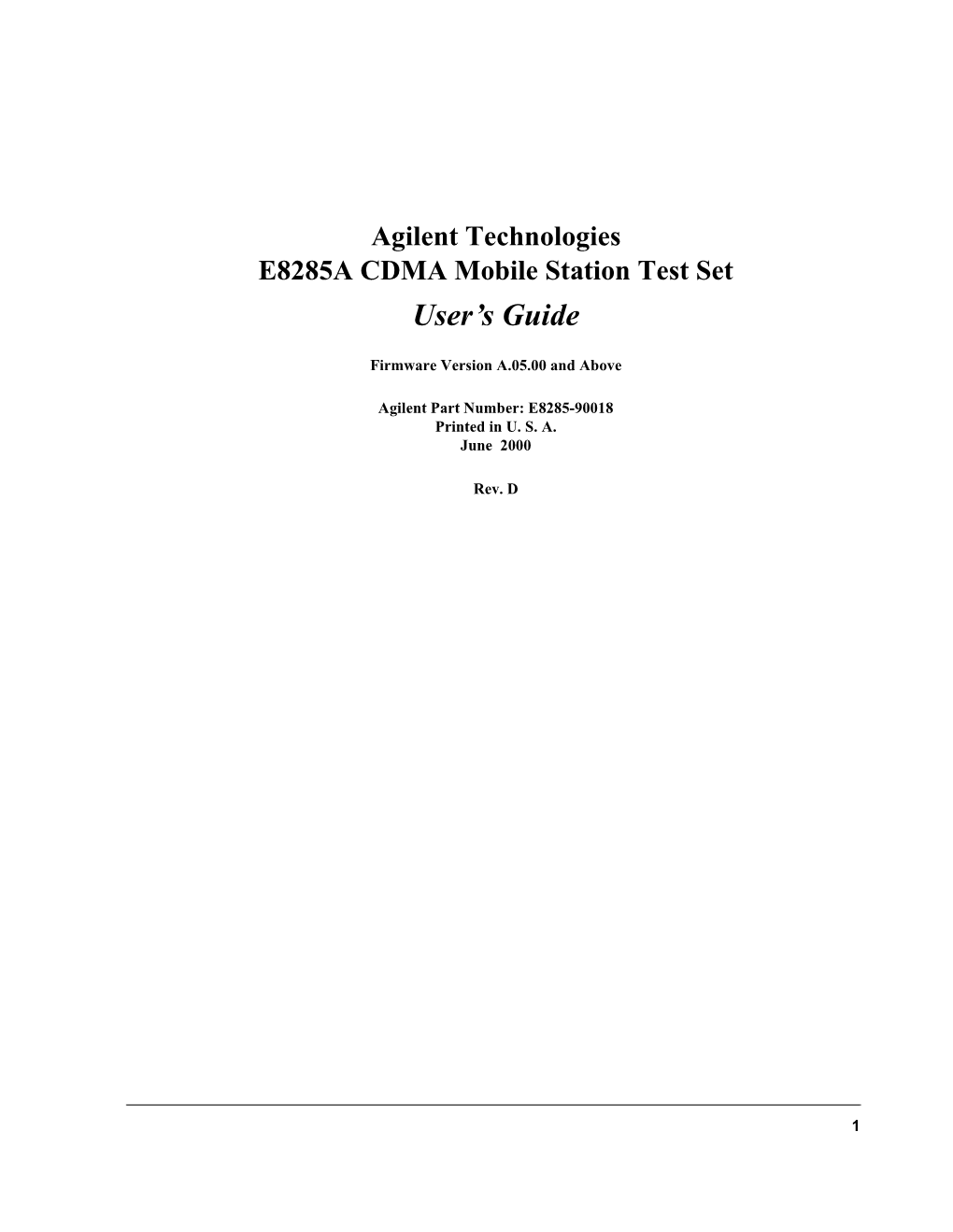 Agilent Technologies E8285A CDMA Mobile Station Test Set User's Guide
