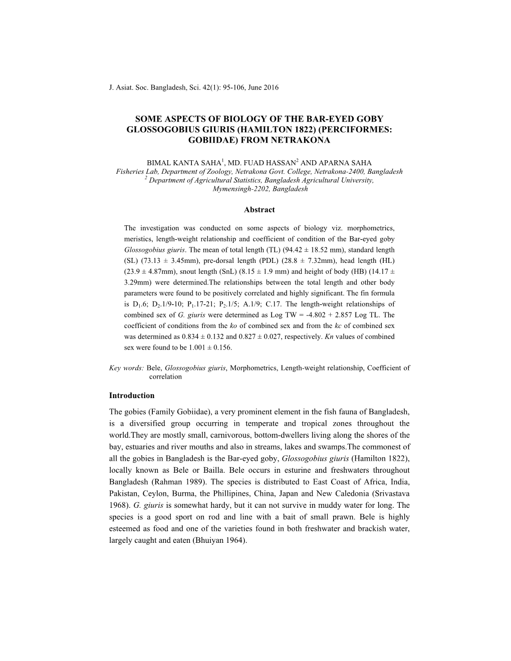 Some Aspects of Biology of the Bar-Eyed Goby Glossogobius Giuris (Hamilton 1822) (Perciformes: Gobiidae) from Netrakona