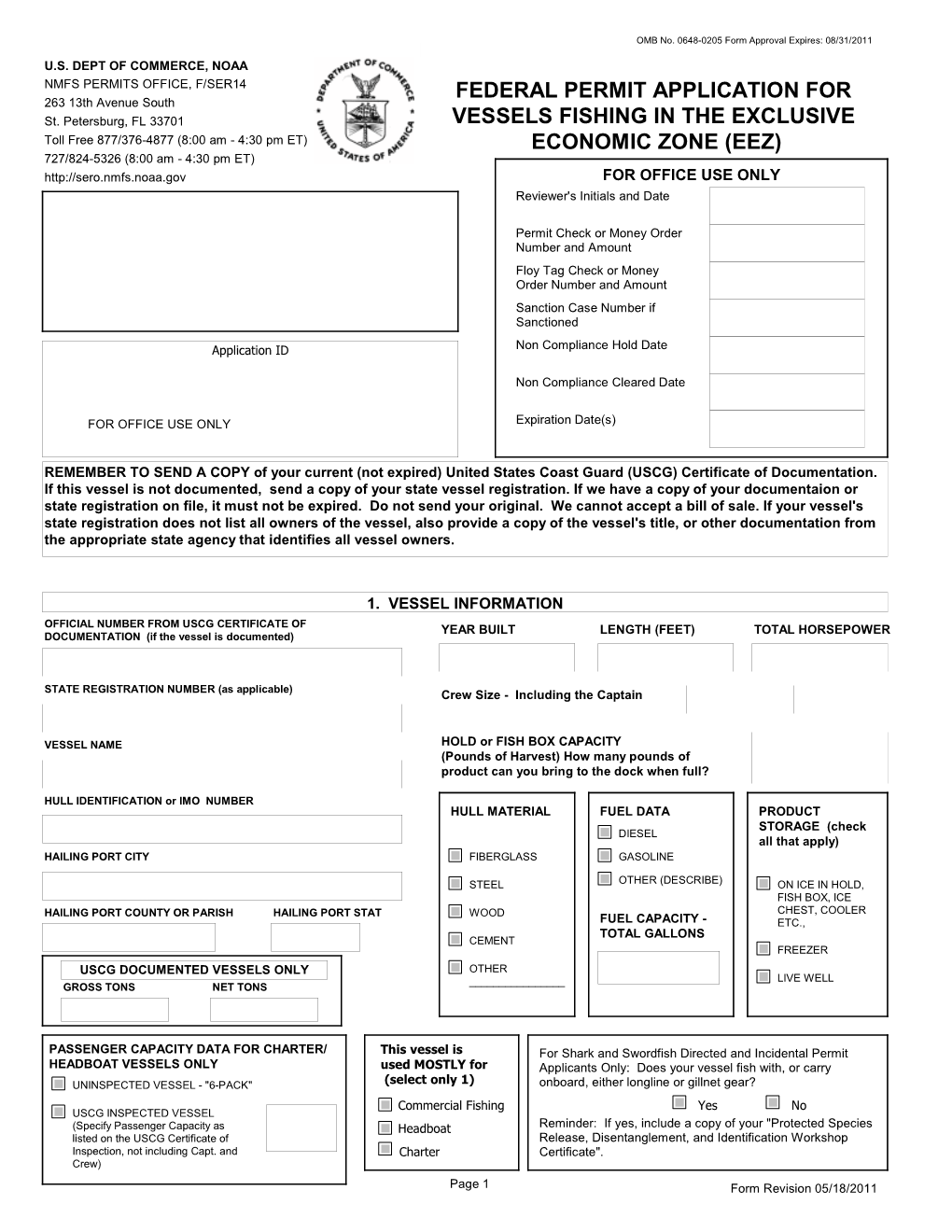 Federal Permit Application for Vessels Fishing in the Exclusive Economic Zone (EEZ) Rev 05/18/2011