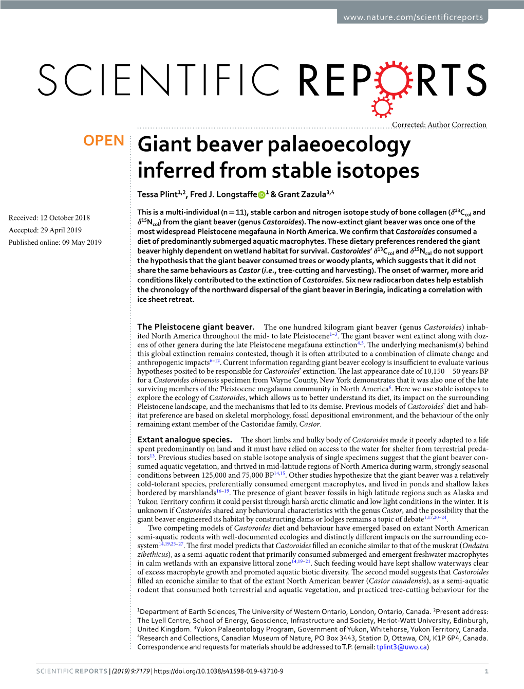 Giant Beaver Palaeoecology Inferred from Stable Isotopes Tessa Plint1,2, Fred J