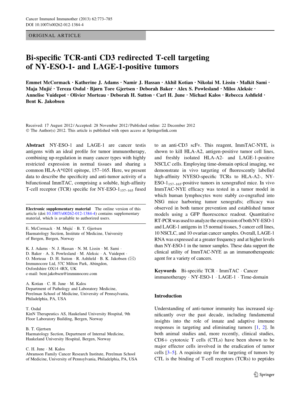 Bi-Specific TCR-Anti CD3 Redirected T-Cell Targeting of NY-ESO-1