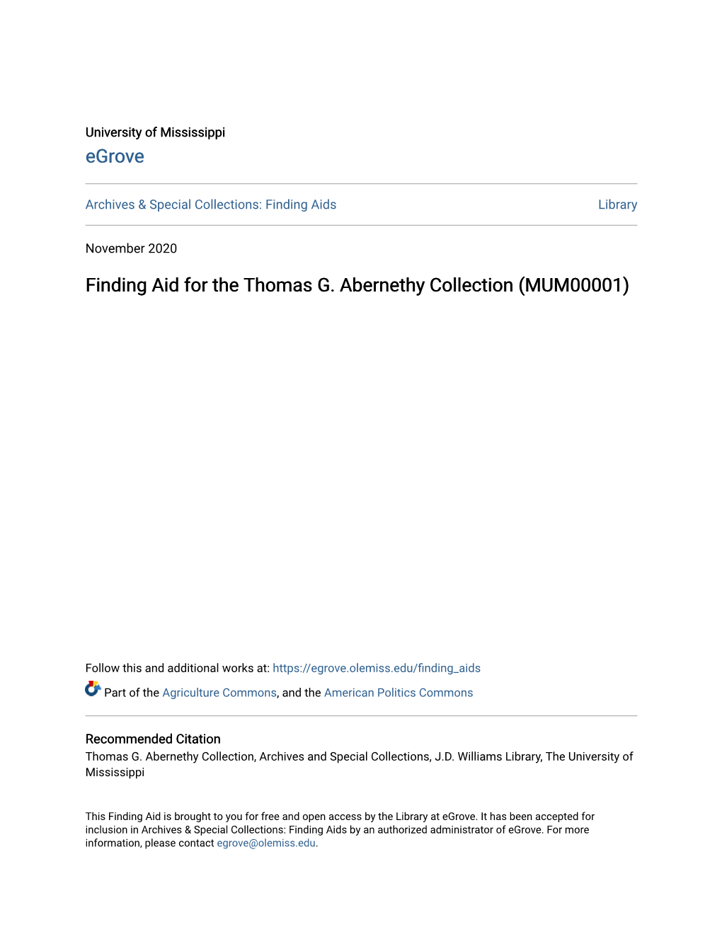 Finding Aid for the Thomas G. Abernethy Collection (MUM00001)