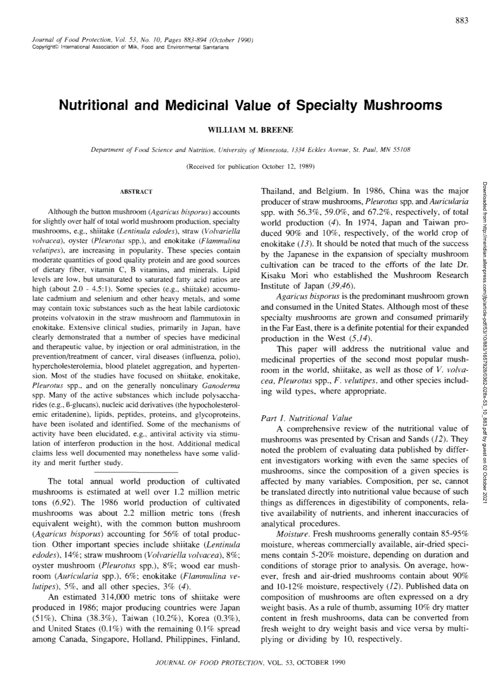 Nutritional and Medicinal Value of Specialty Mushrooms
