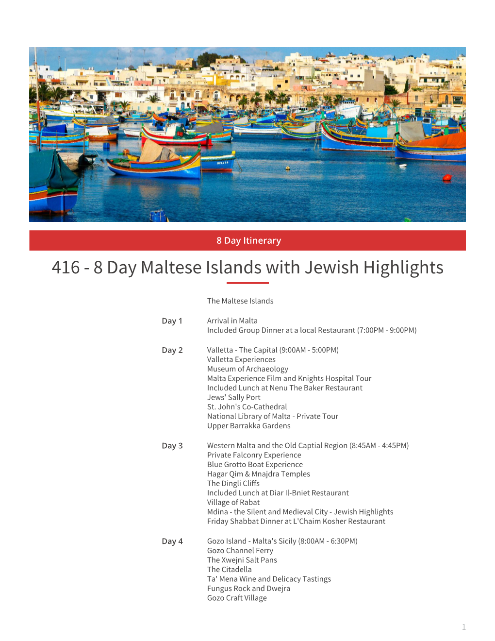 416 - 8 Day Maltese Islands with Jewish Highlights