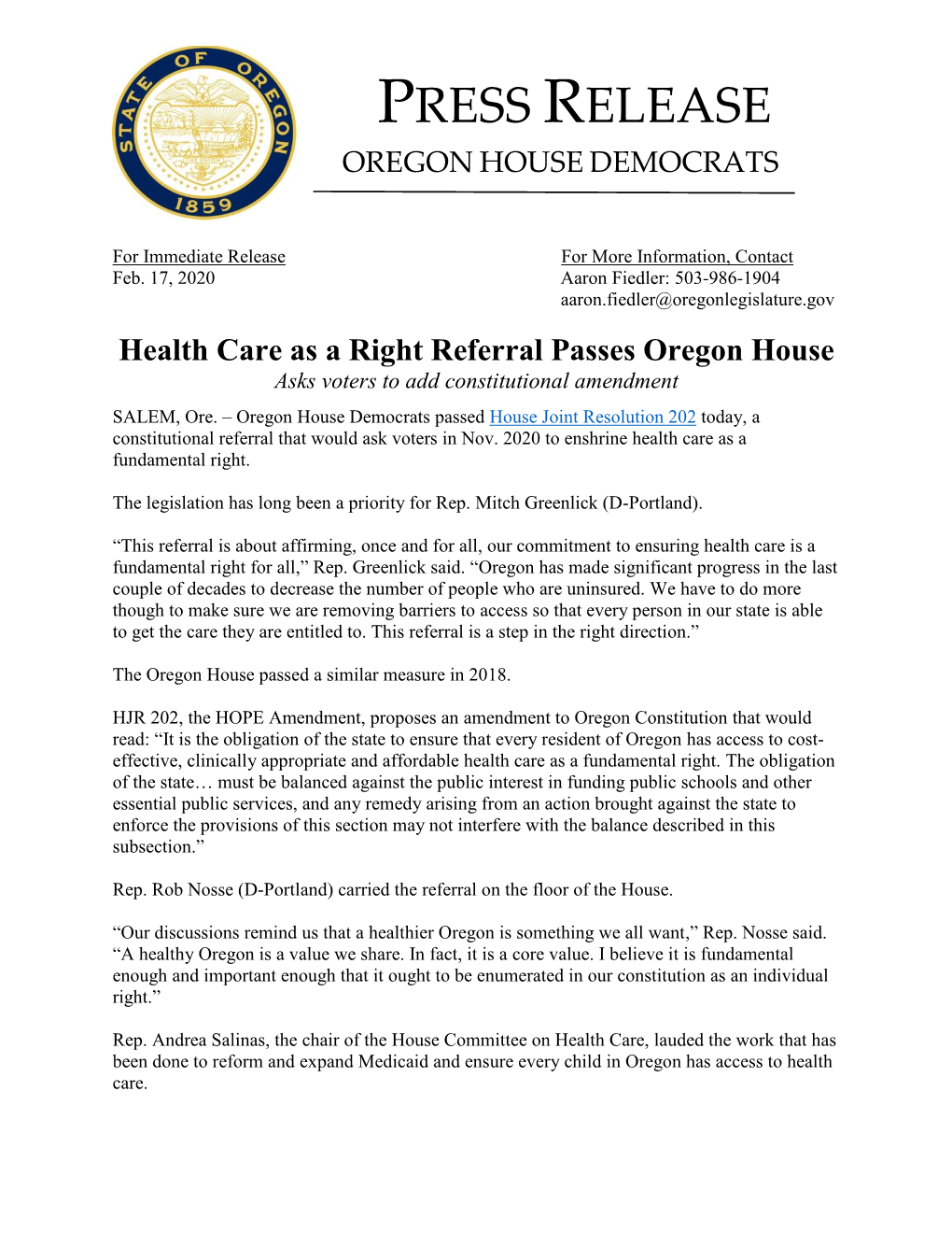 Press Release Oregon House Democrats