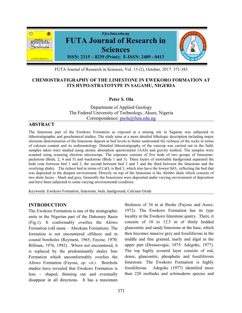 FUTA Journal of Research in Sciences, Vol