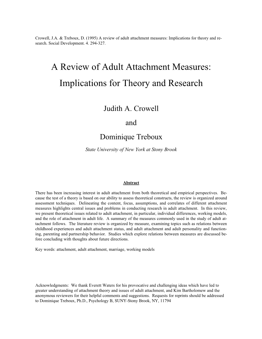 Crowell & Treboux: Adult Attachment Assessment