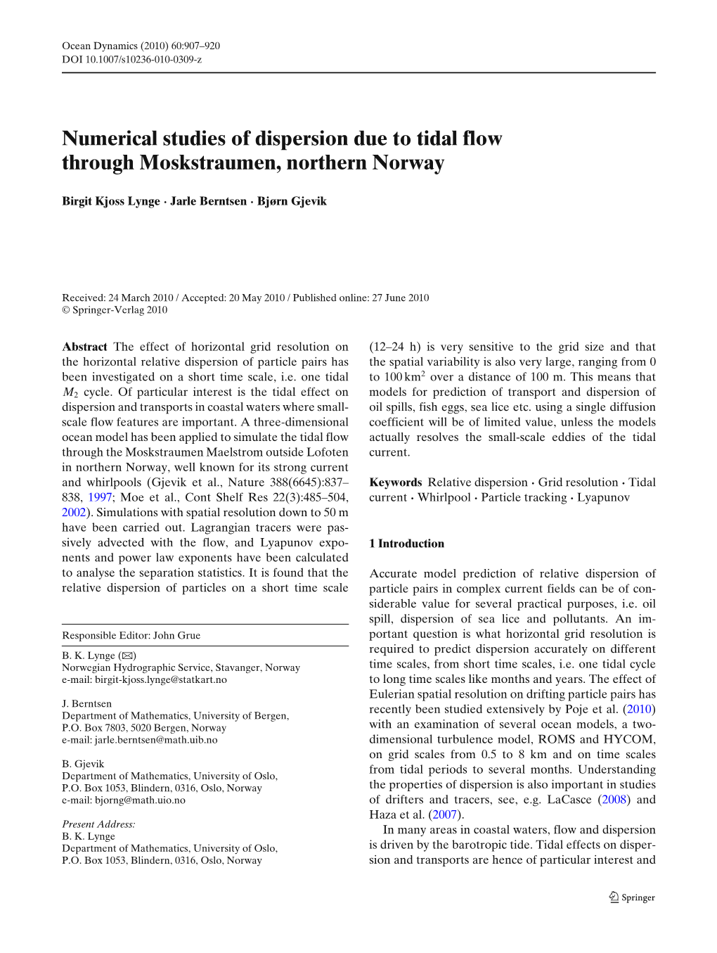 Numerical Studies of Dispersion Due to Tidal Flow Through Moskstraumen, Northern Norway