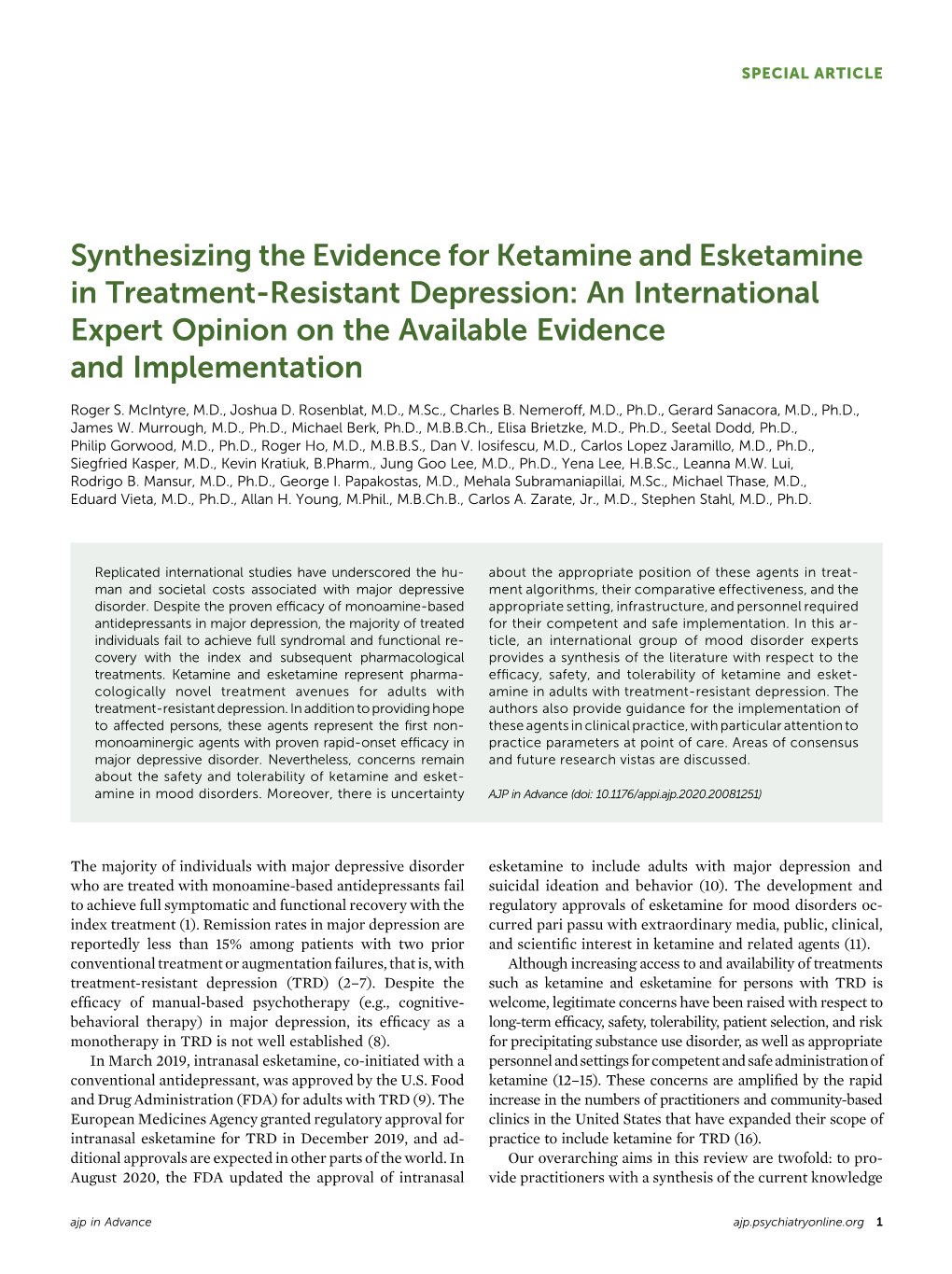 Synthesizing the Evidence for Ketamine and Esketamine in Treatment-Resistant Depression: an International Expert Opinion on the Available Evidence and Implementation
