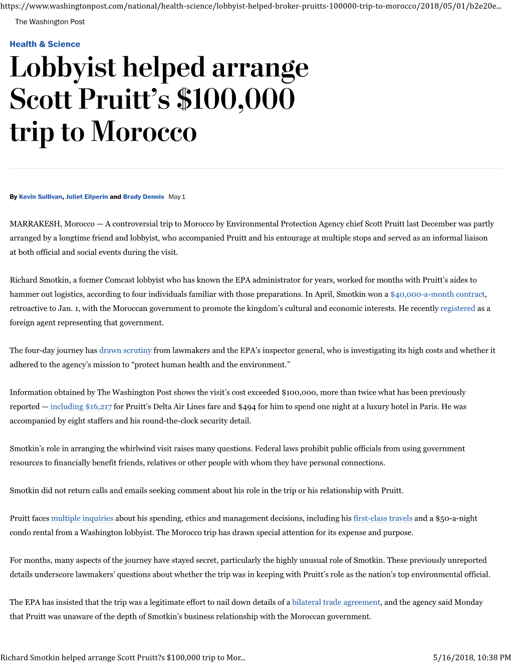 Richard Smotkin Helped Arrange Scott Pruitt?S $100,000 Trip to Morocco