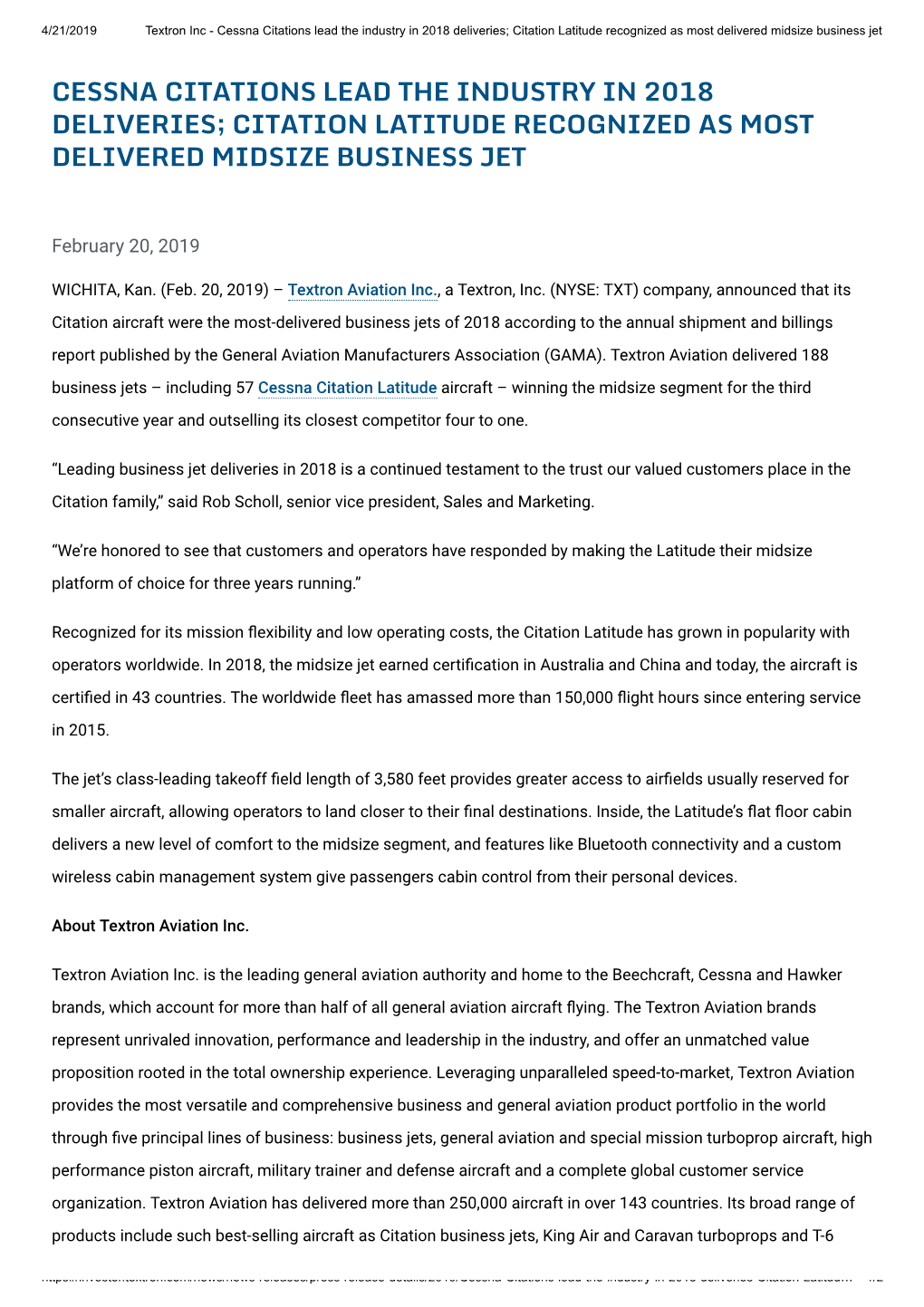 Cessna Citations Lead the Industry in 2018 Deliveries; Citation Latitude Recognized As Most Delivered Midsize Business Jet