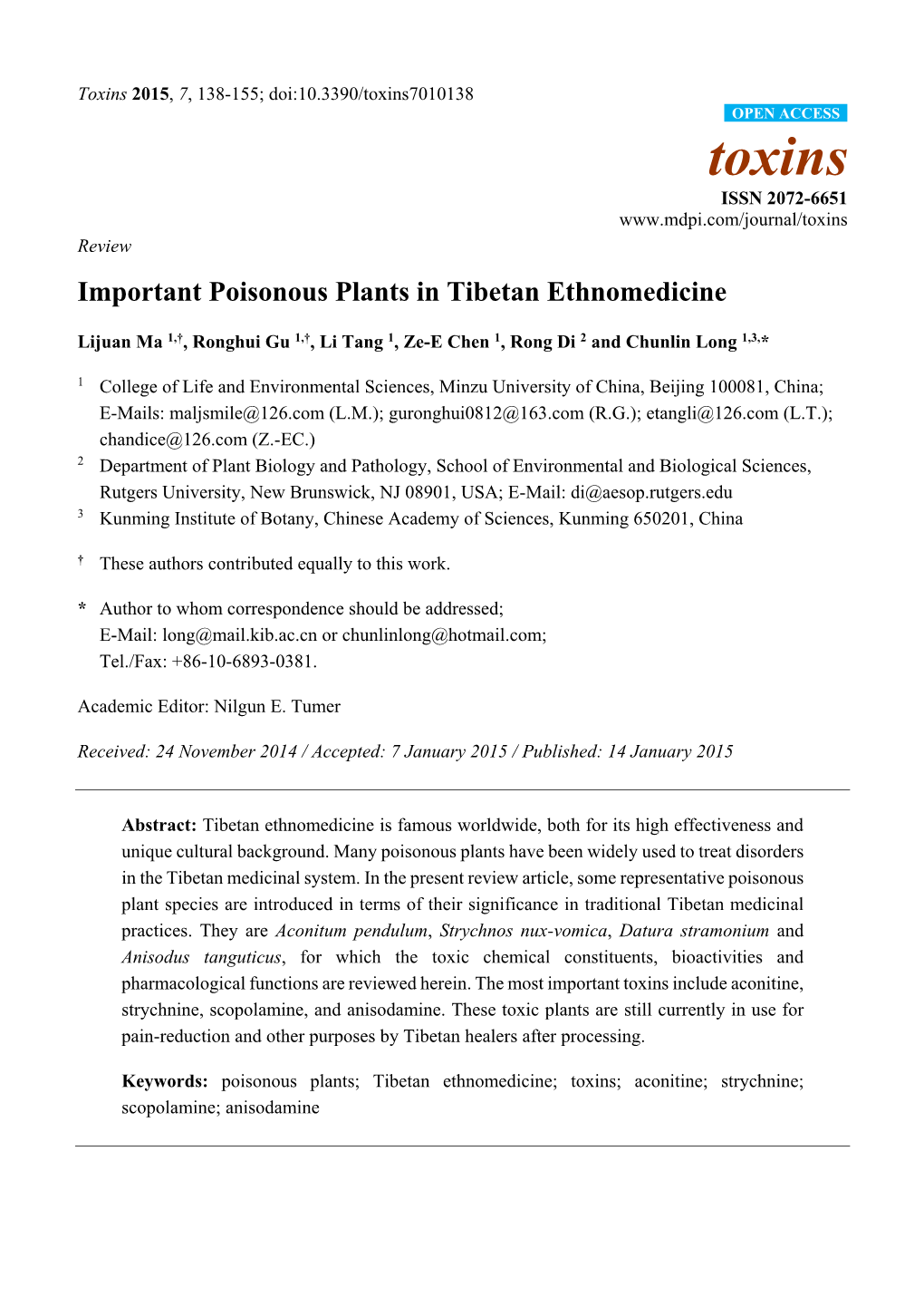 Important Poisonous Plants in Tibetan Ethnomedicine