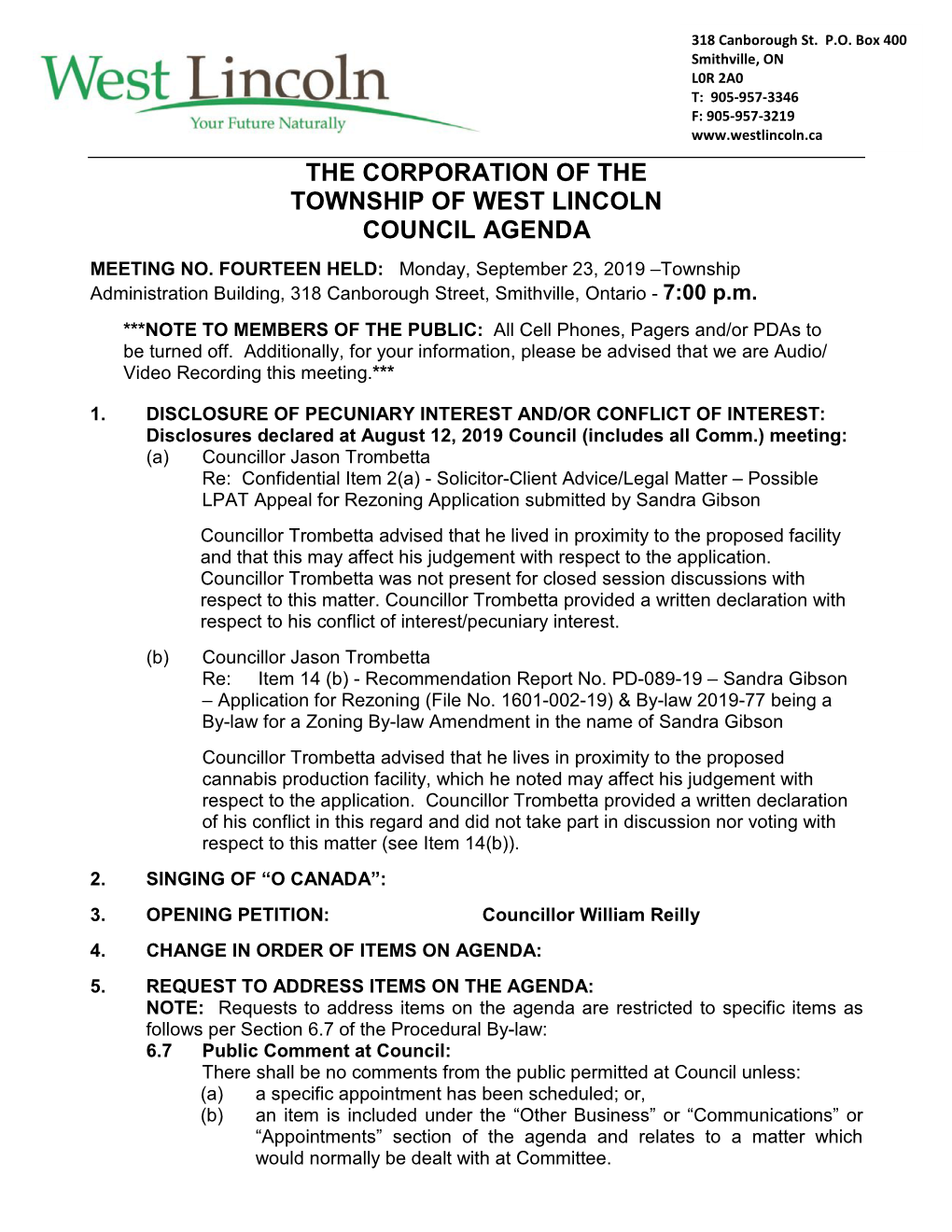 The Corporation of the Township of West Lincoln Council Agenda