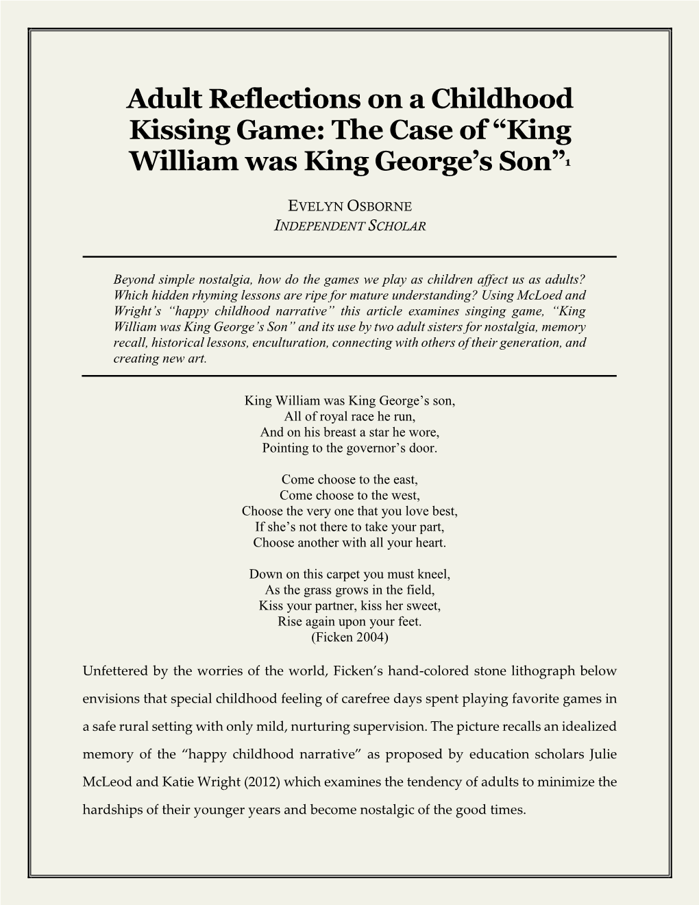 Adult Reflections on a Childhood Kissing Game: the Case of “King William Was King George’S Son”1