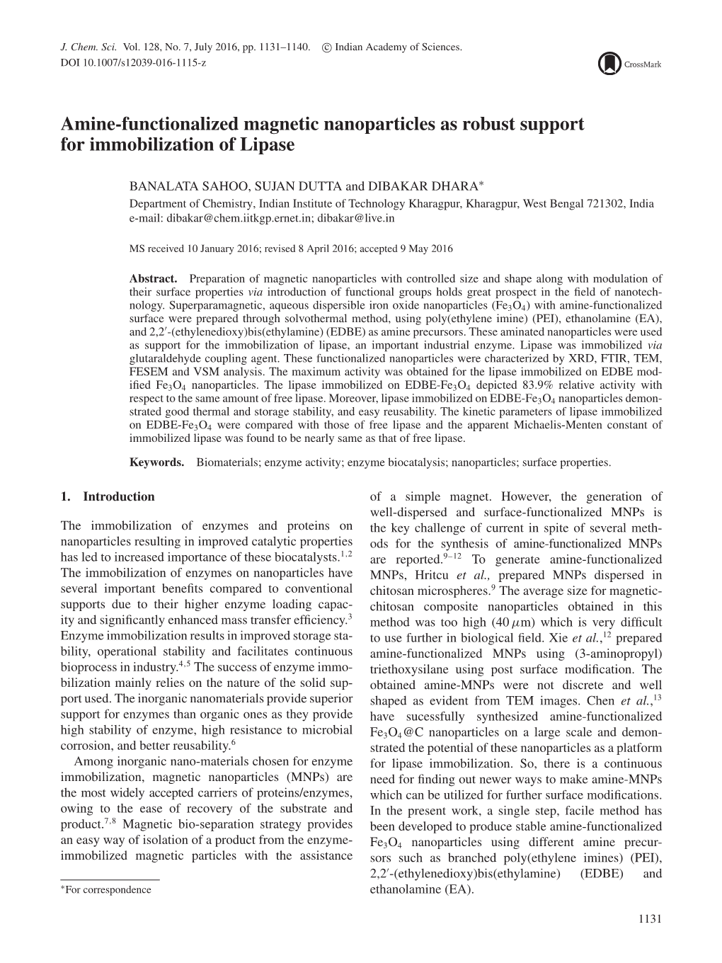 Amine-Functionalized Magnetic Nanoparticles As Robust Support for Immobilization of Lipase