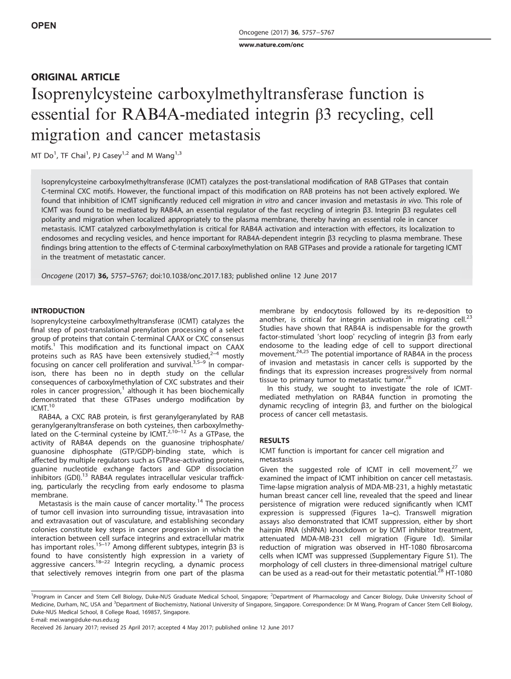 Isoprenylcysteine Carboxylmethyltransferase Function Is Essential for RAB4A-Mediated Integrin Β3 Recycling, Cell Migration and Cancer Metastasis