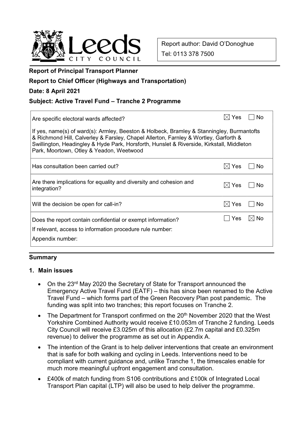 Active Travel Fund – Tranche 2 Programme