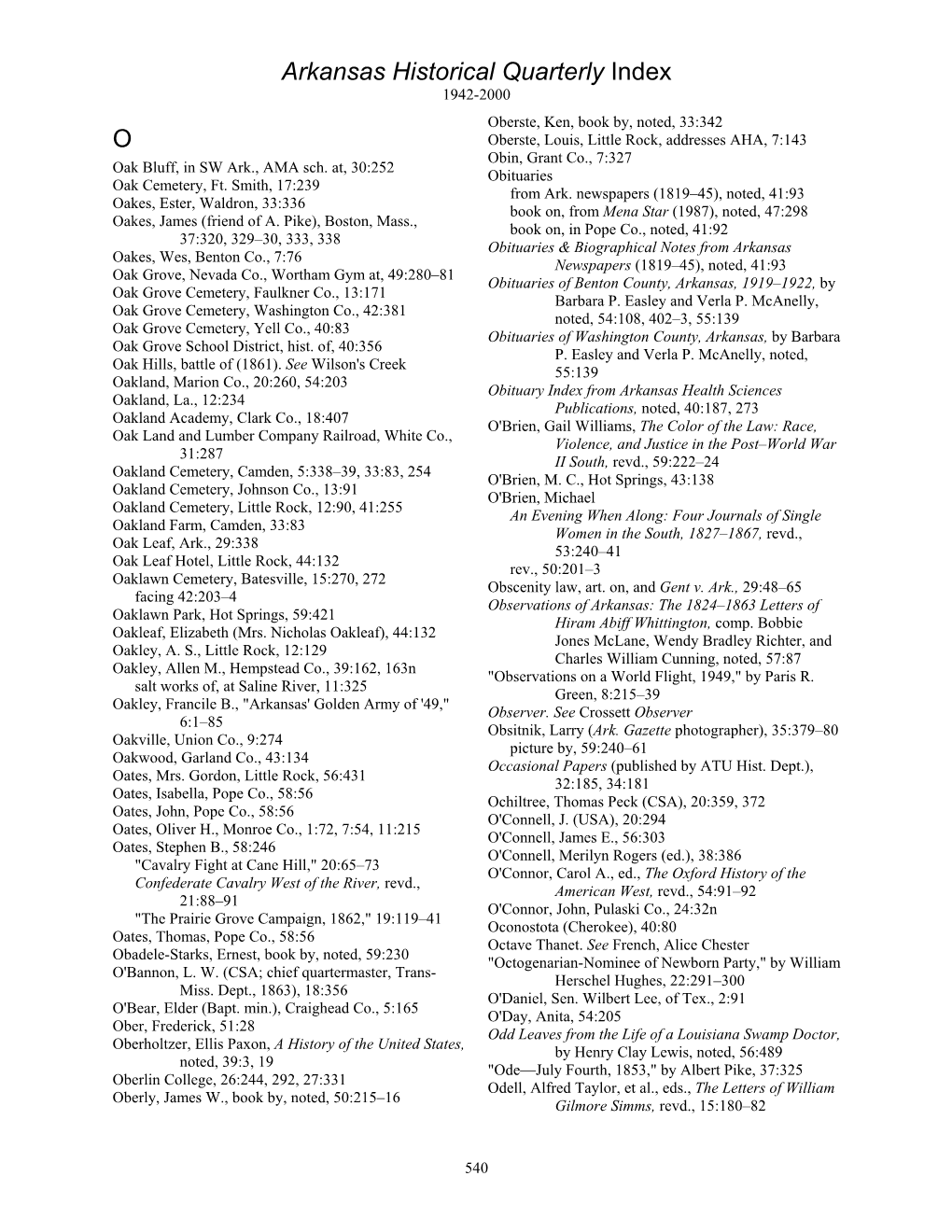 Arkansas Historical Quarterly Index O