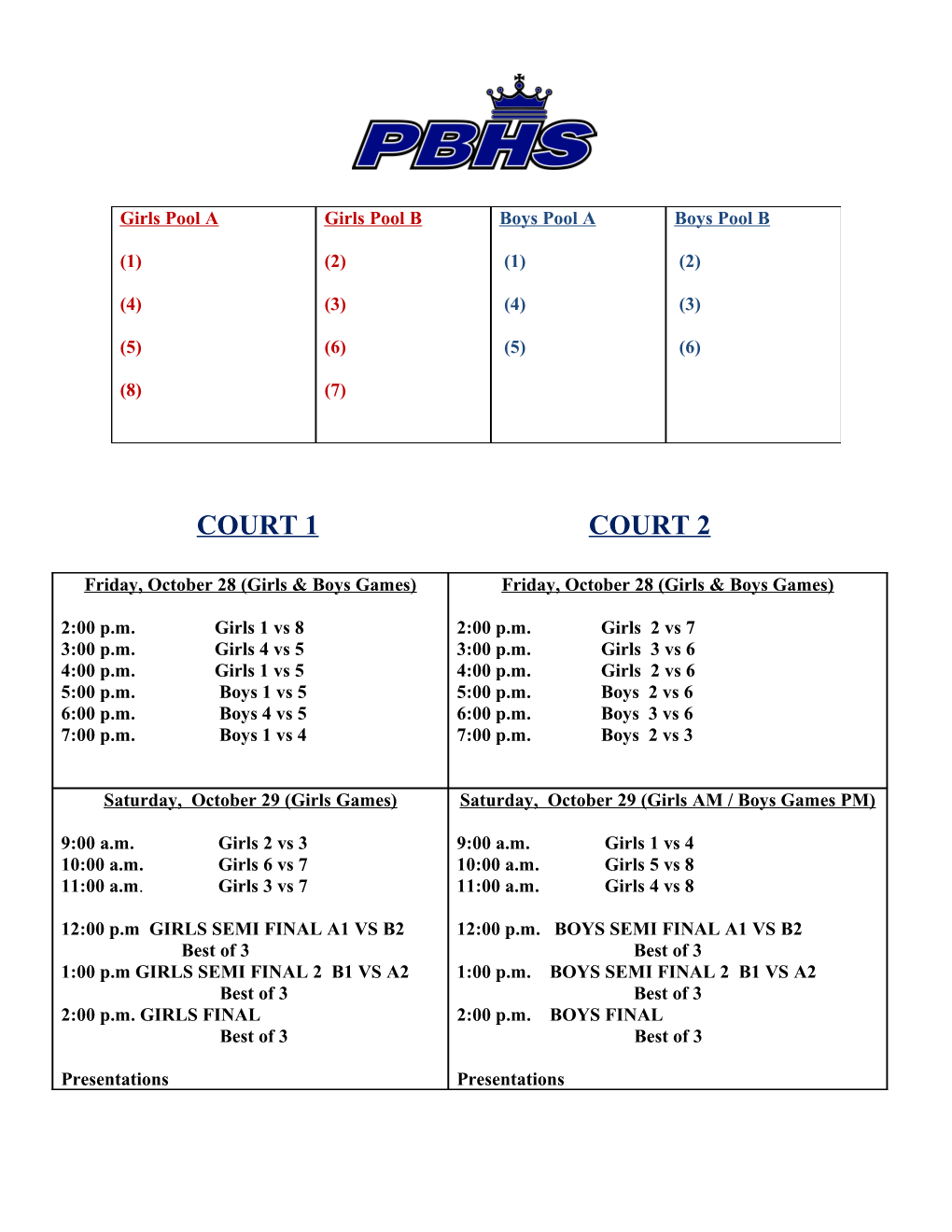 Friday, October 28 (Girls & Boys Games)