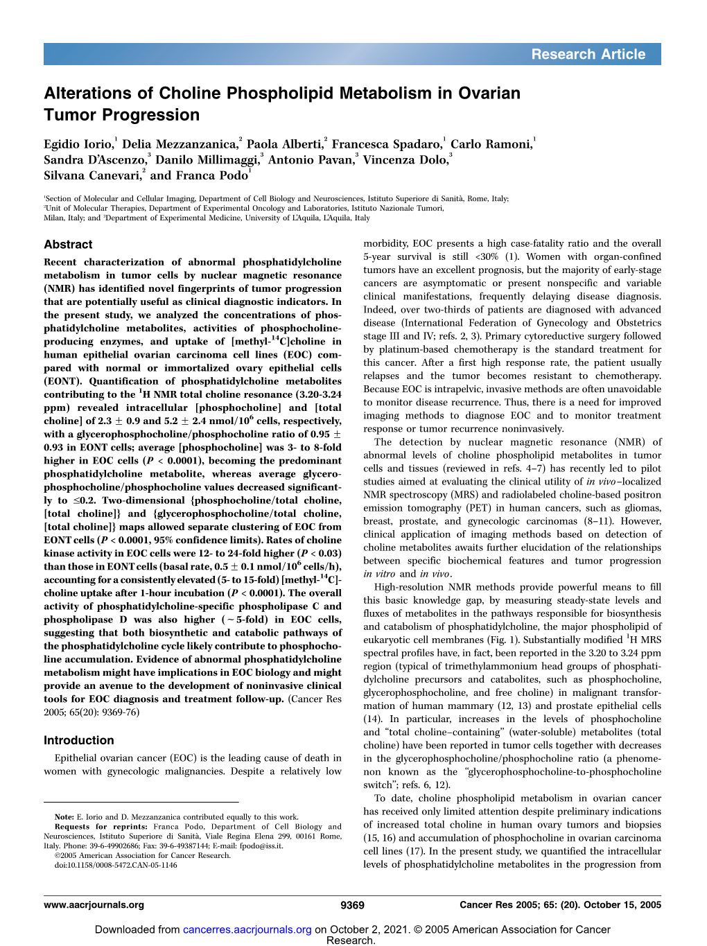 Alterations of Choline Phospholipid Metabolism in Ovarian Tumor Progression