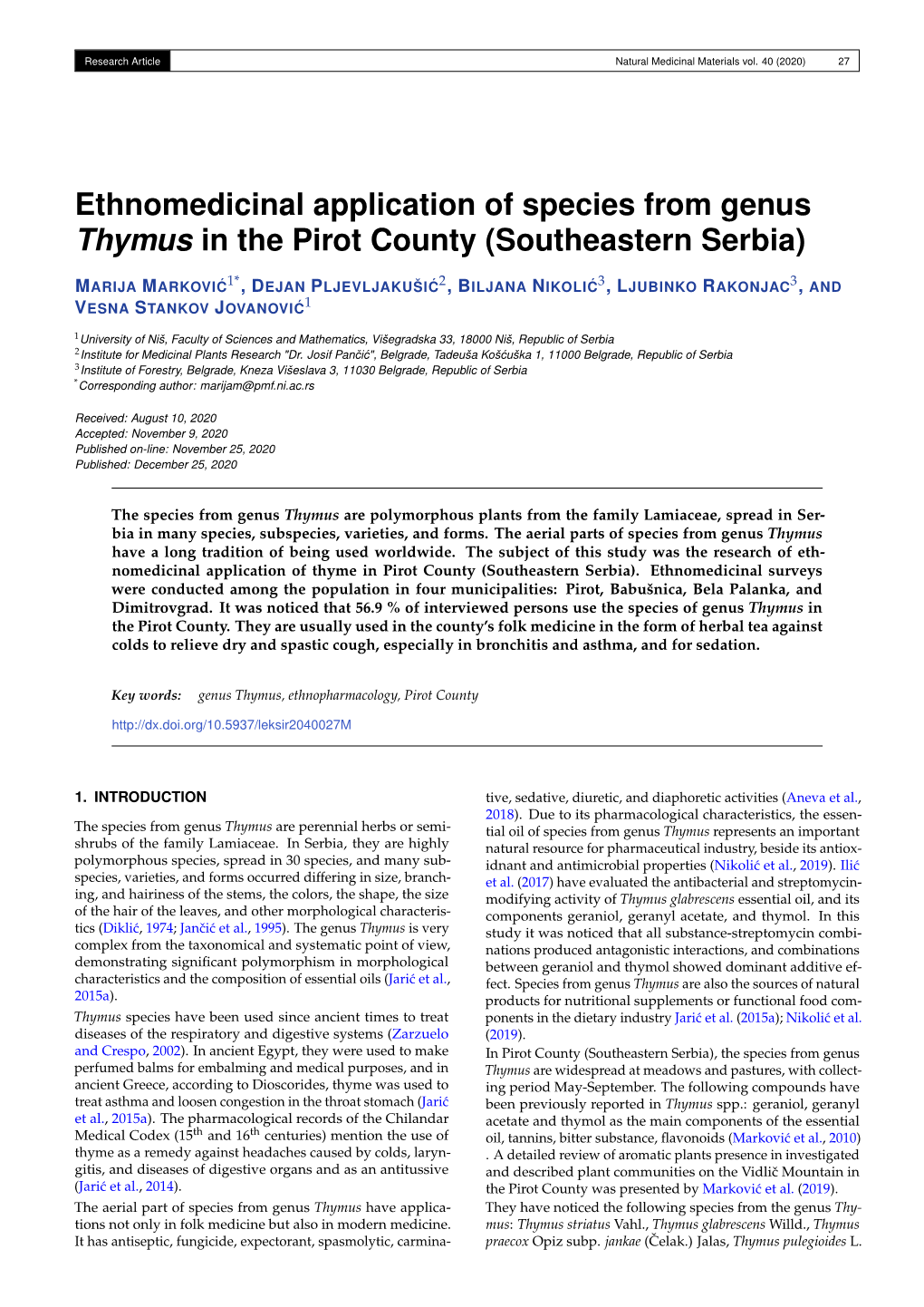 Ethnomedicinal Application of Species from Genus Thymus in the Pirot County (Southeastern Serbia)