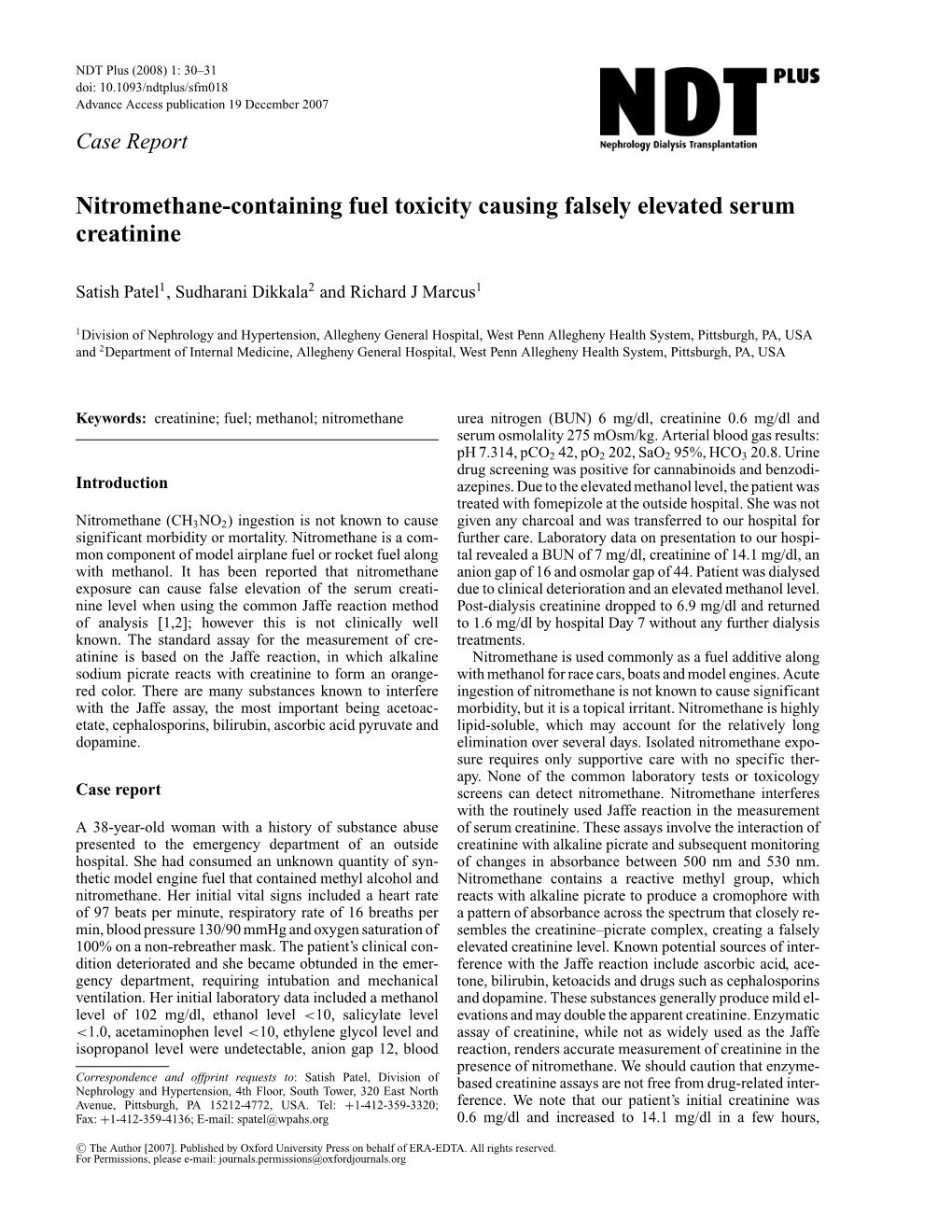 Nitromethane-Containing Fuel Toxicity Causing Falsely Elevated Serum Creatinine