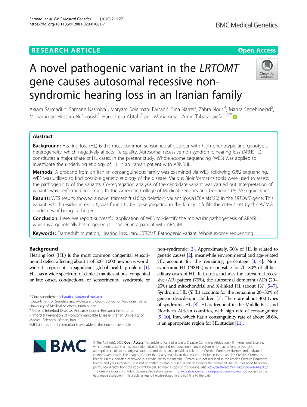 A Novel Pathogenic Variant in the LRTOMT Gene Causes Autosomal Recessive Non-Syndromic Hearing Loss in an Iranian Family