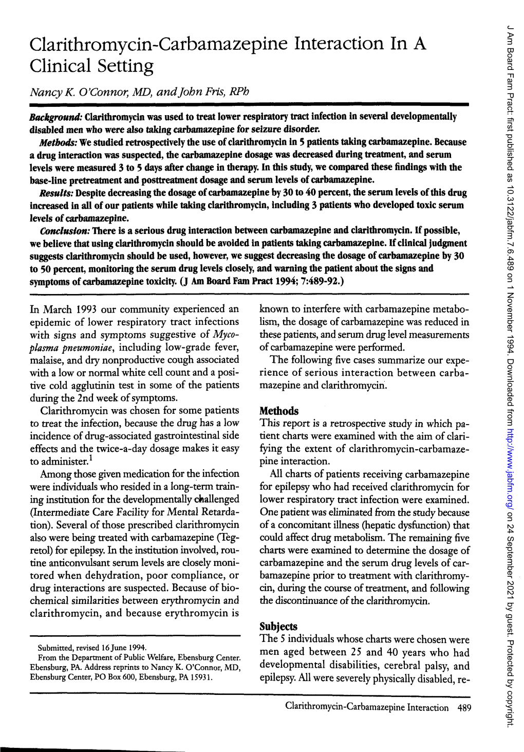 Clarithromycin-Carbamazepine Interaction in a Clinical Setting