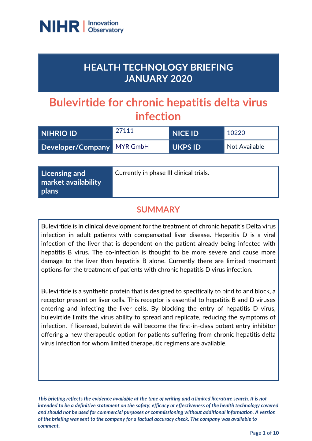 HEALTH TECHNOLOGY BRIEFING JANUARY 2020 Bulevirtide For