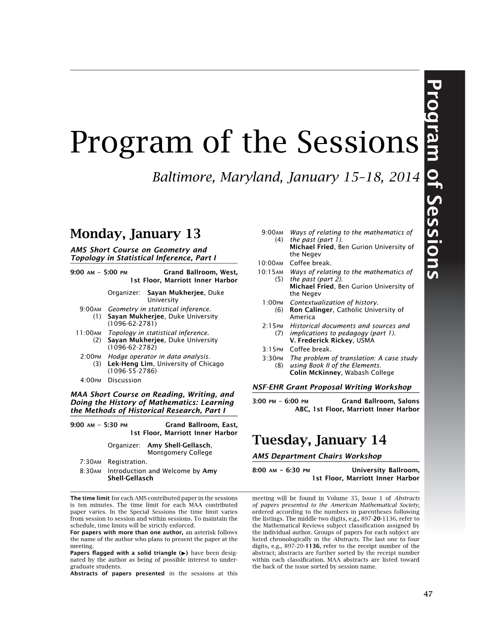 Program of the Sessions Baltimore, Maryland, January 15–18, 2014