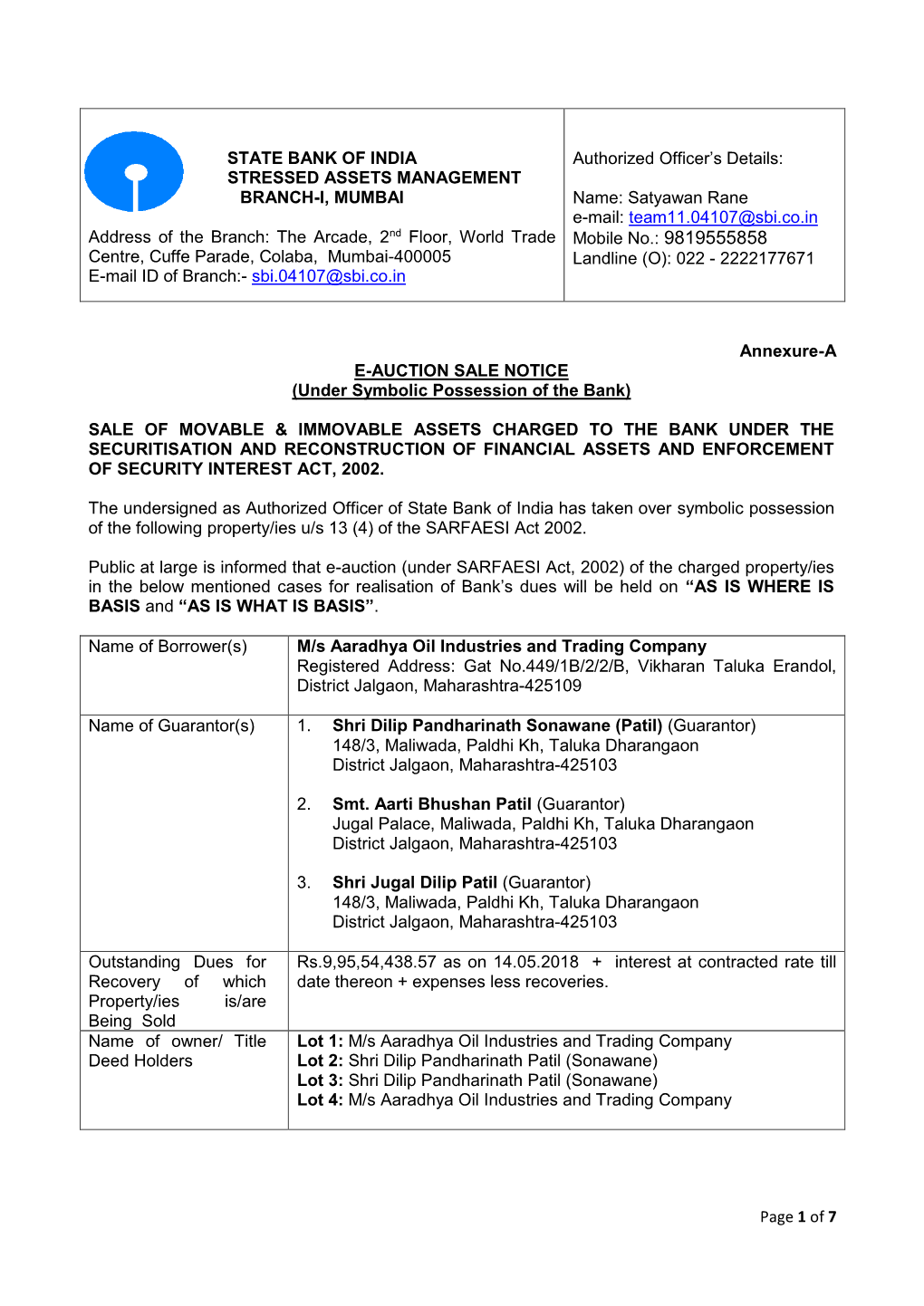 Of 7 STATE BANK of INDIA STRESSED ASSETS