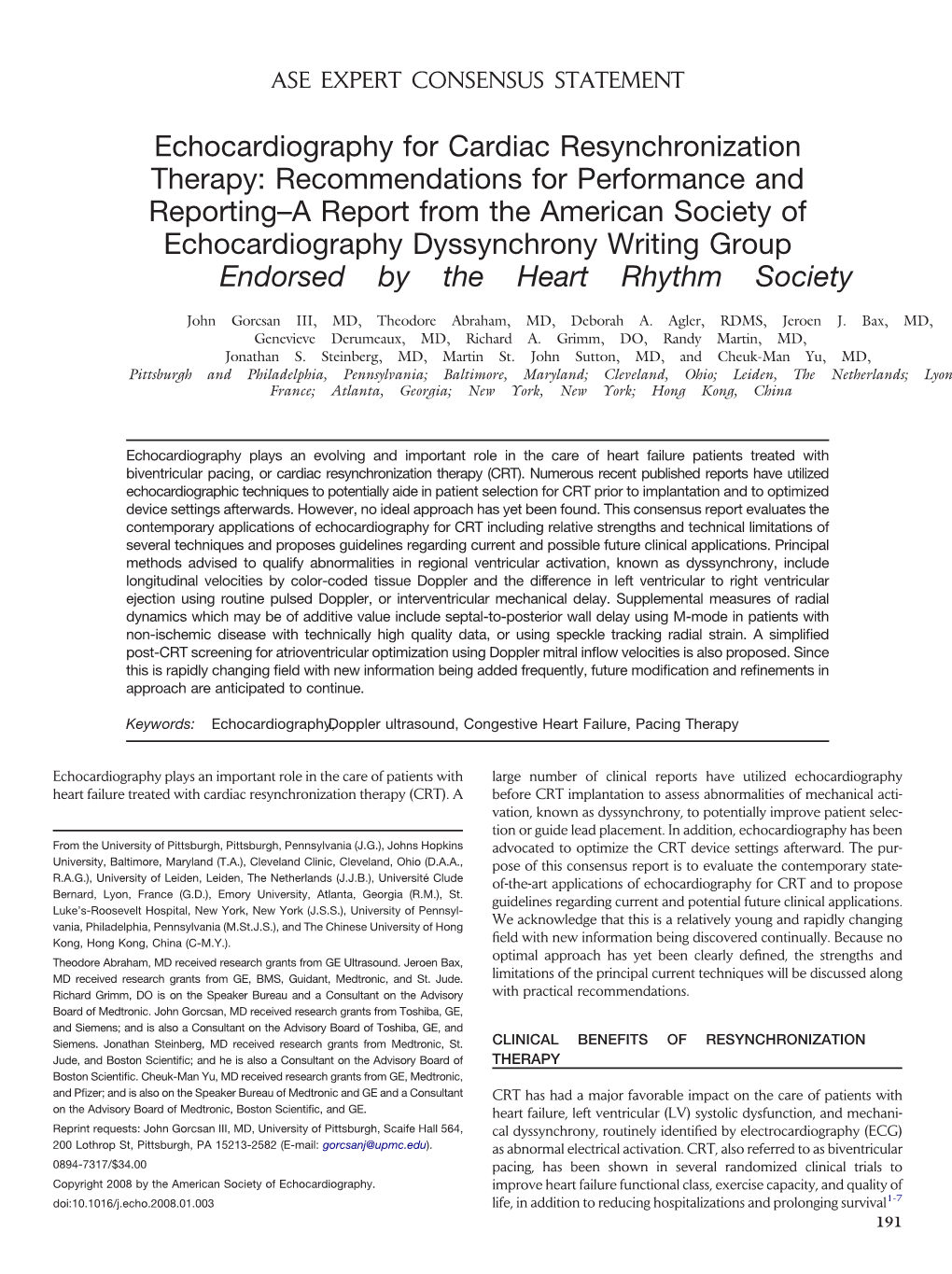 Echocardiography for Cardiac Resynchronization Therapy