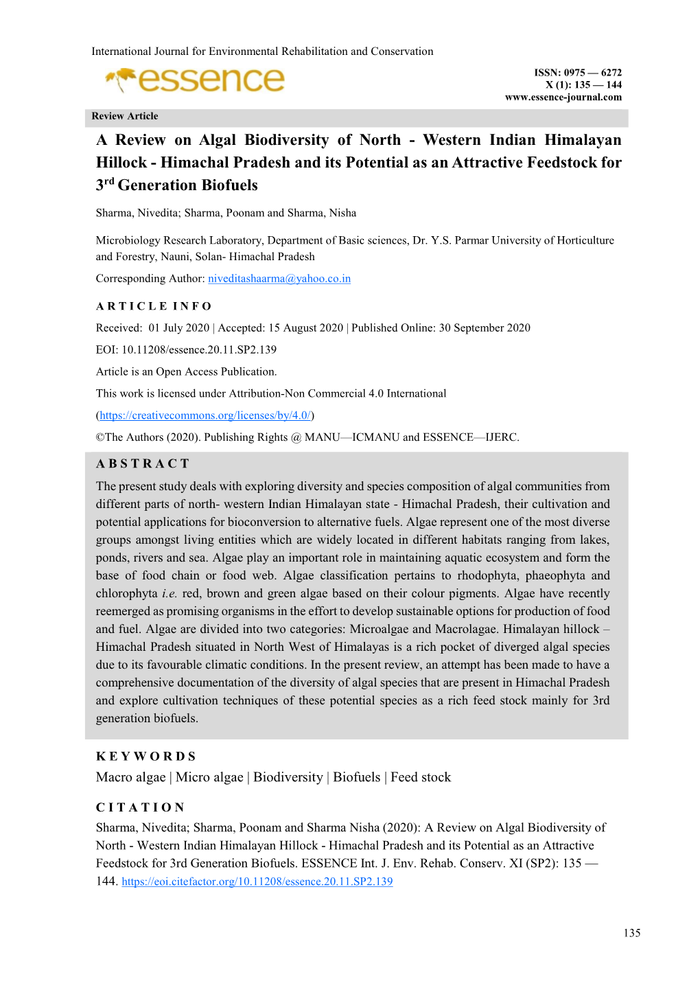 A Review on Algal Biodiversity of North