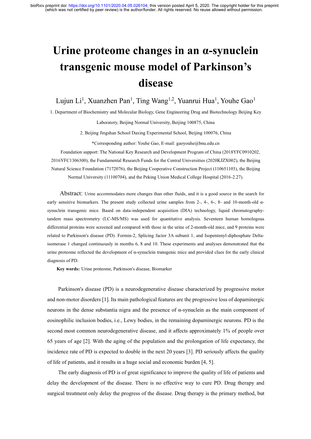 Urine Proteome Changes in an Α-Synuclein Transgenic Mouse Model of Parkinson’S Disease